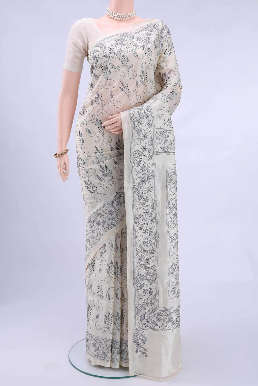 Off White Kantha Silk Saree