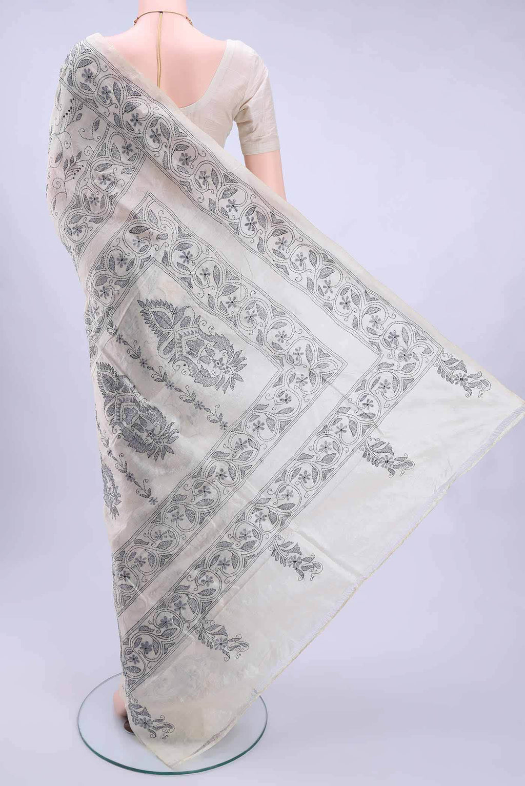 Off White Kantha Silk Saree