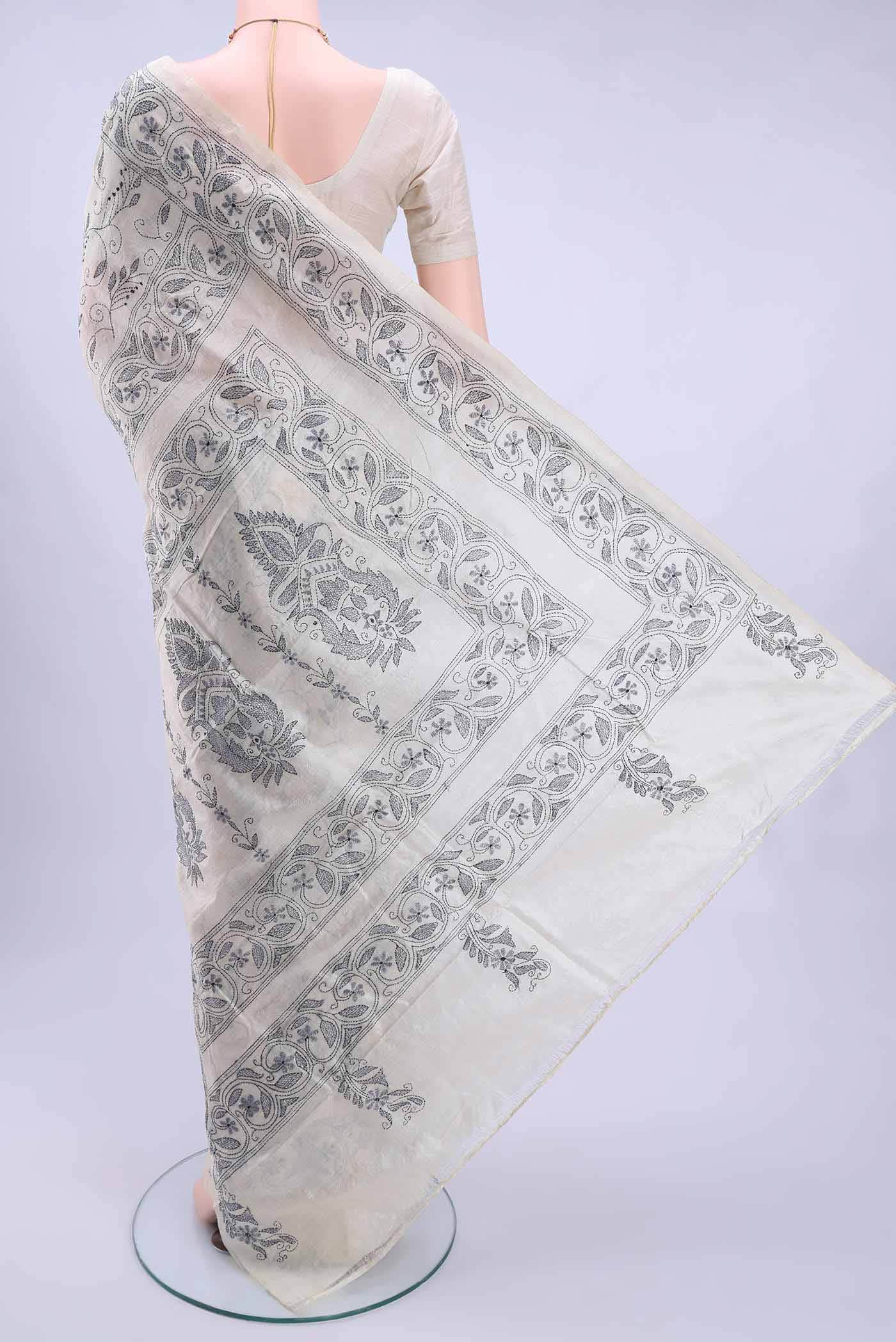 Off White Kantha Silk Saree