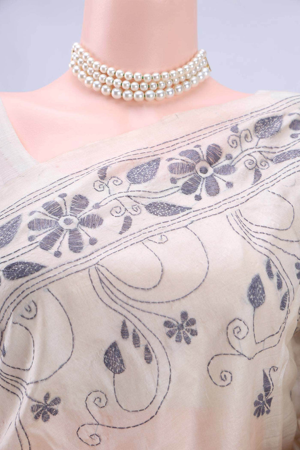 Off White Kantha Silk Saree