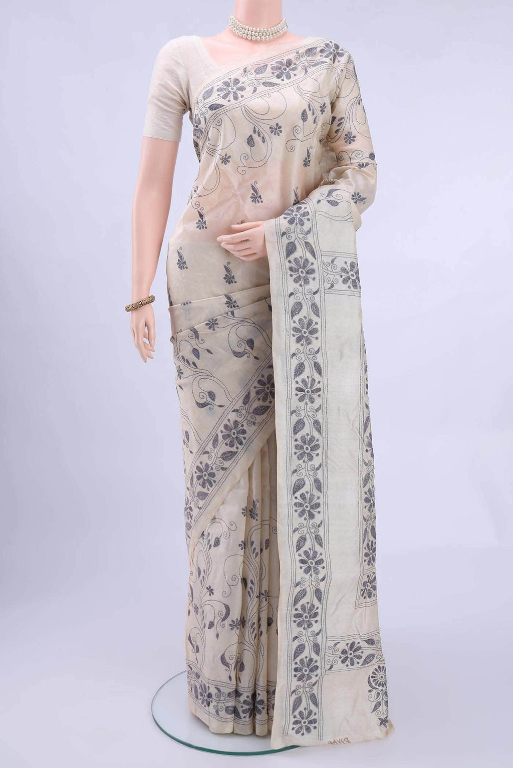 Off White Kantha Silk Saree