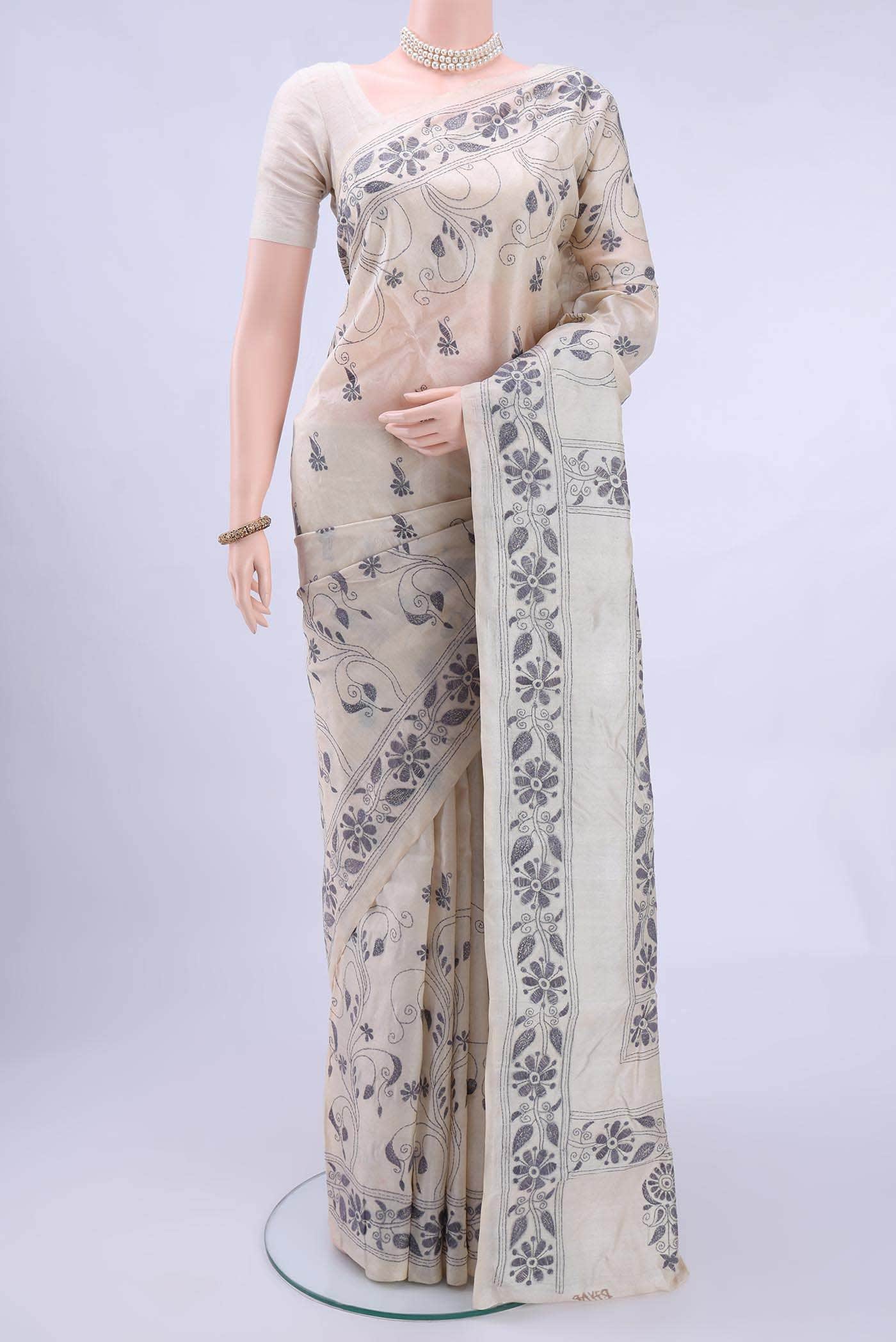 Off White Kantha Silk Saree