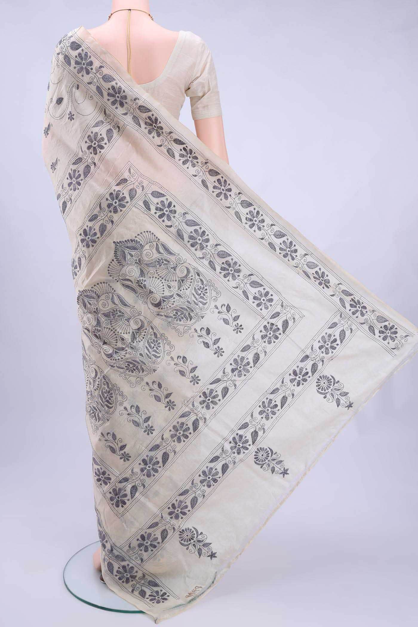 Off White Kantha Silk Saree