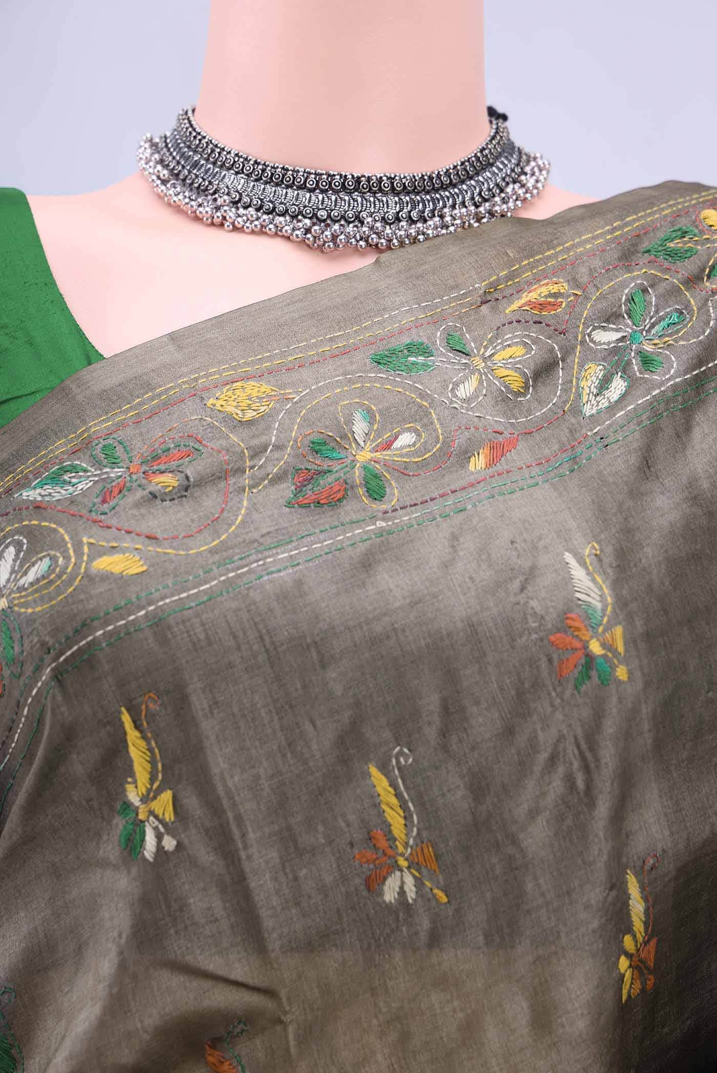 Davys Grey Kantha Silk Saree