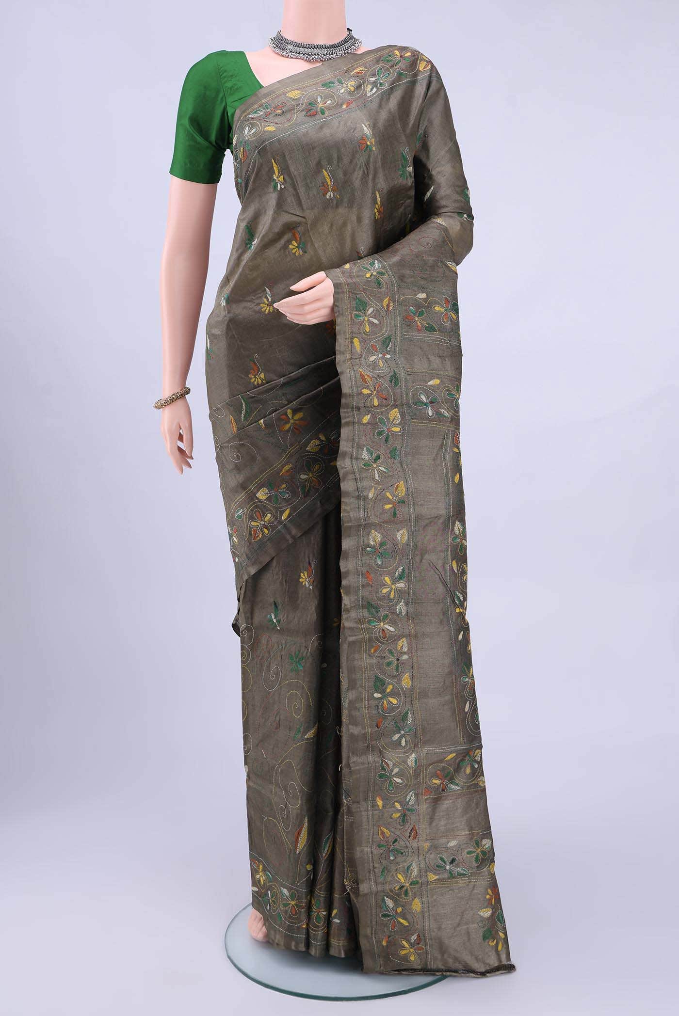 Davys Grey Kantha Silk Saree