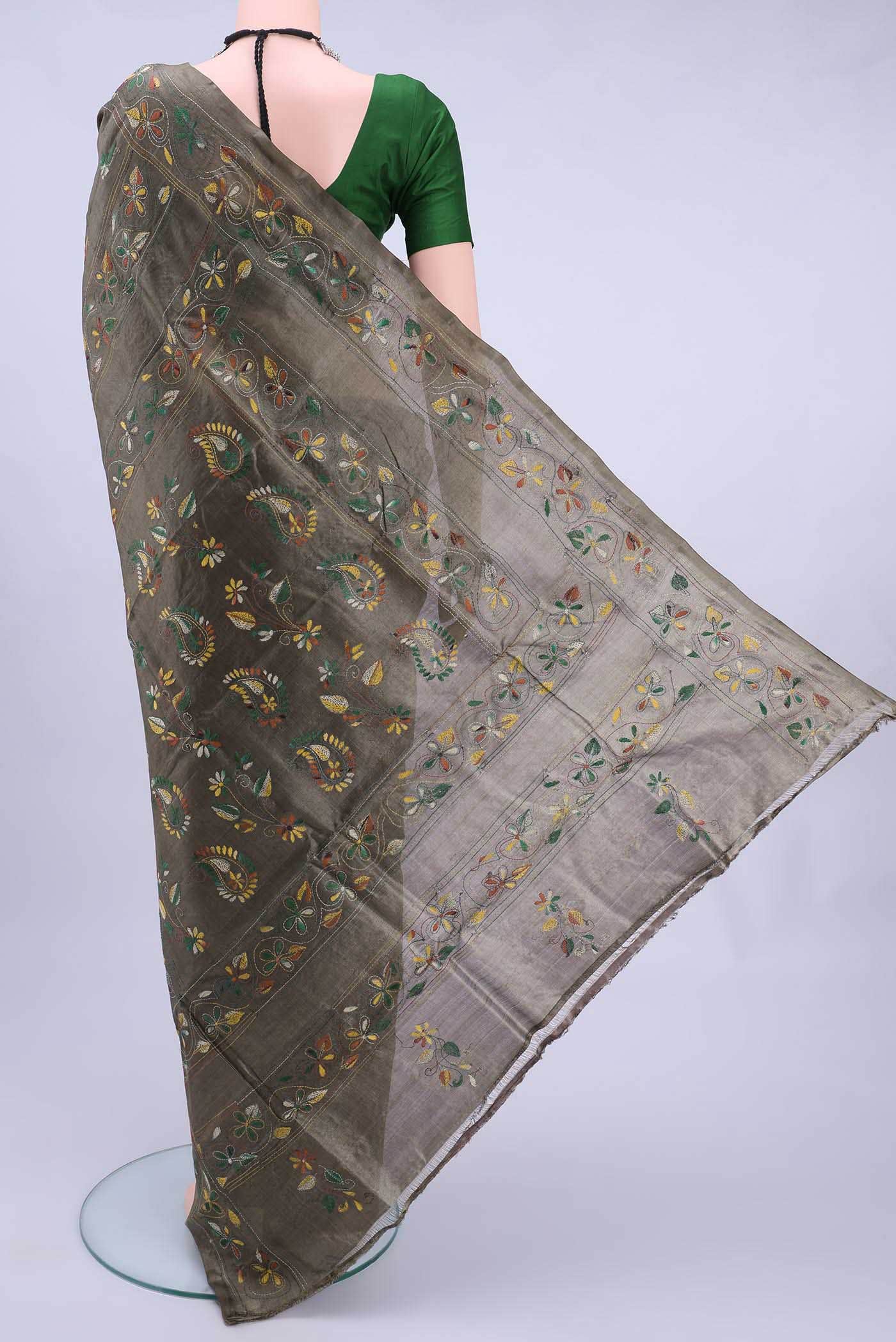 Davys Grey Kantha Silk Saree