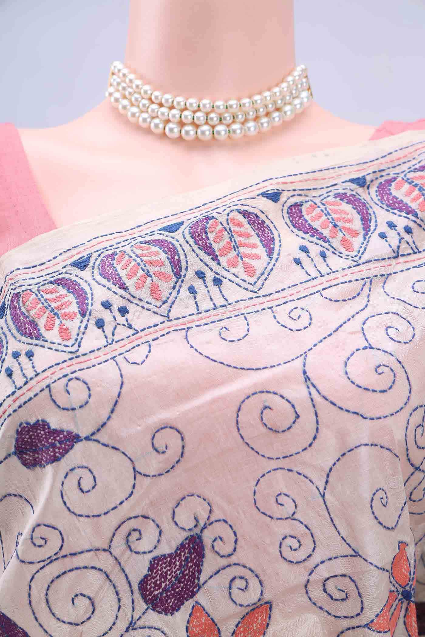 Off White Kantha Silk Saree