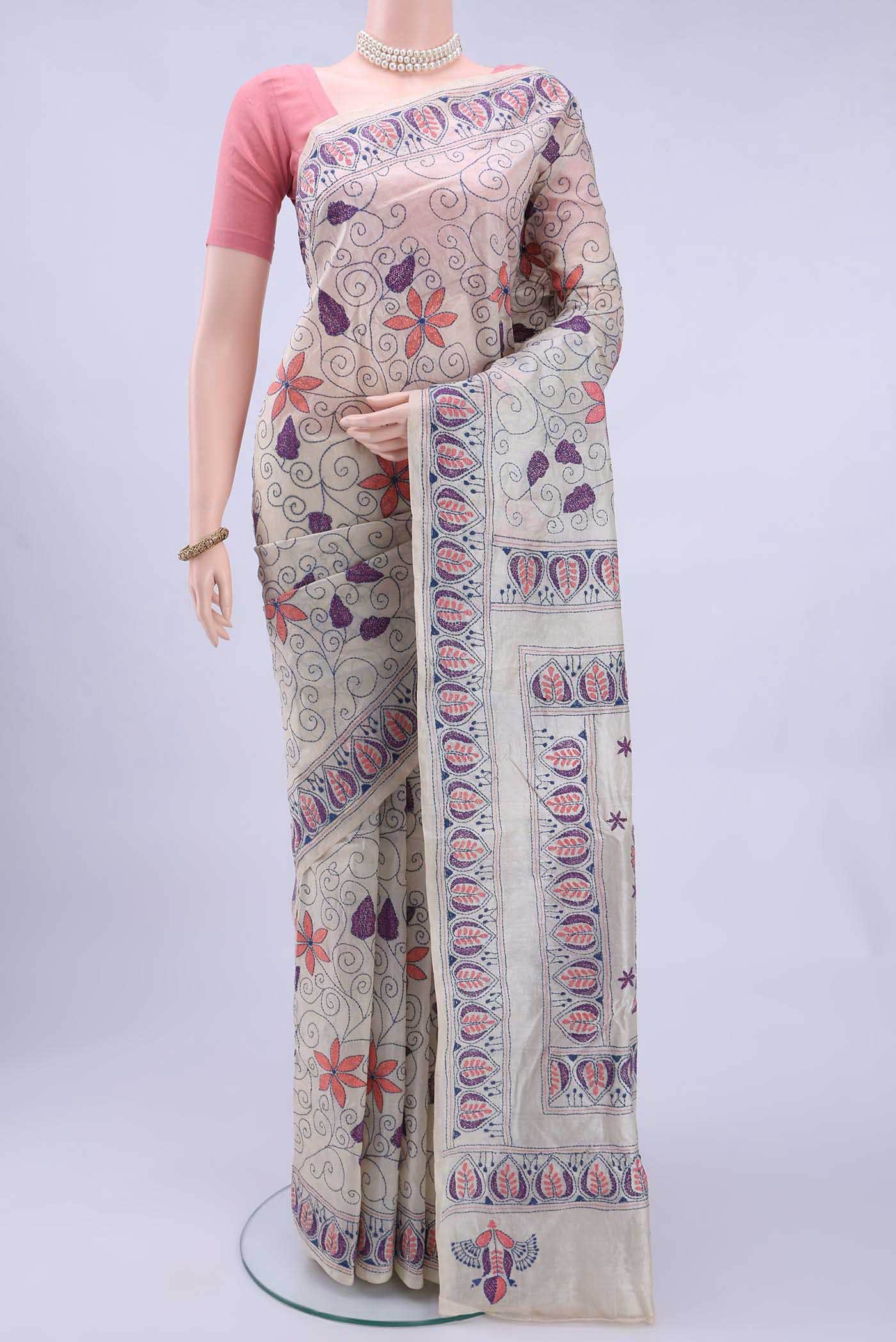 Off White Kantha Silk Saree