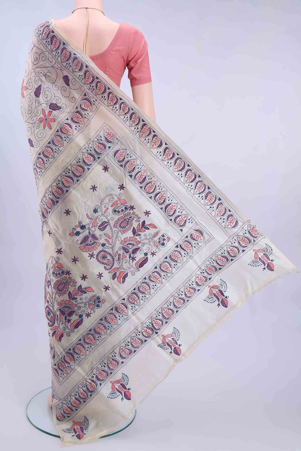 Off White Kantha Silk Saree