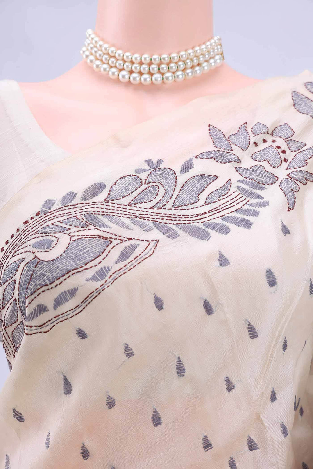 Off White Kantha Silk Saree