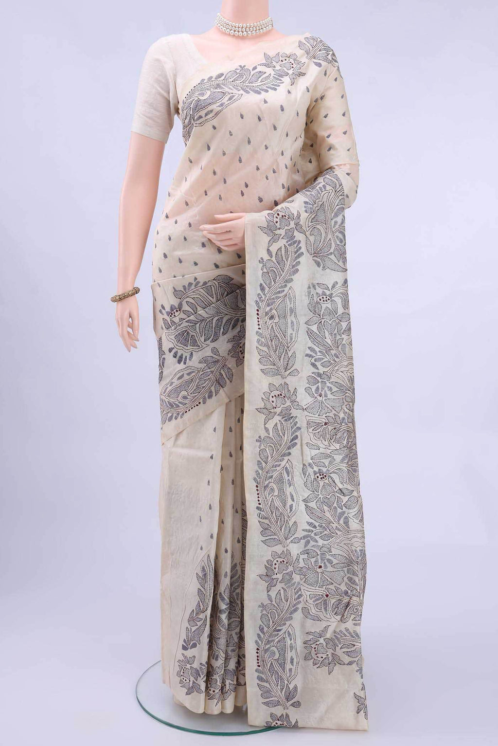 Off White Kantha Silk Saree