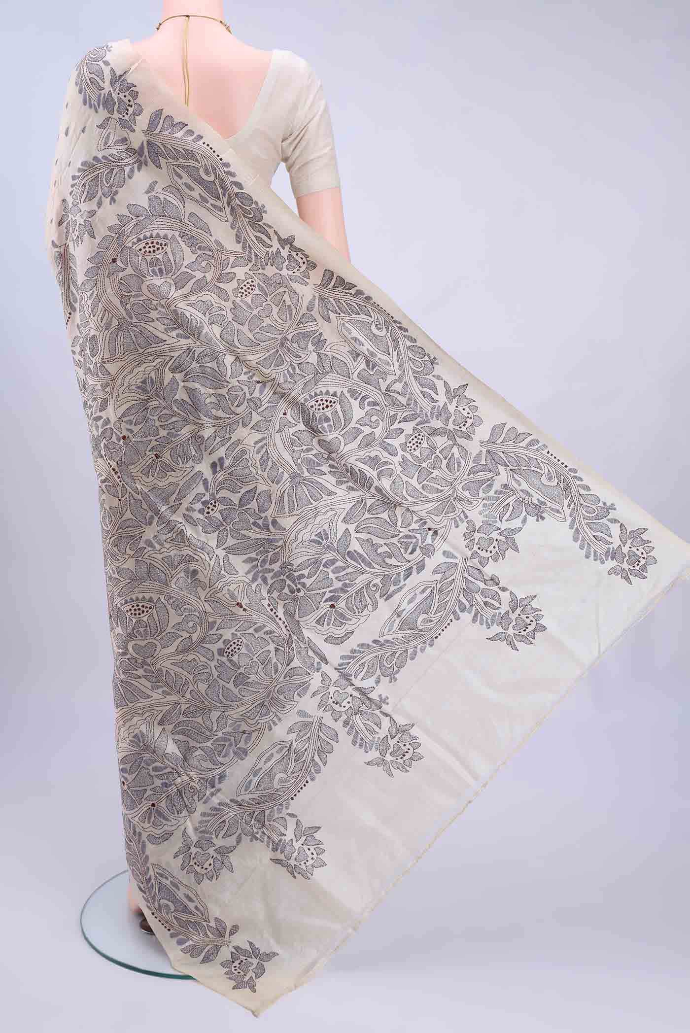 Off White Kantha Silk Saree