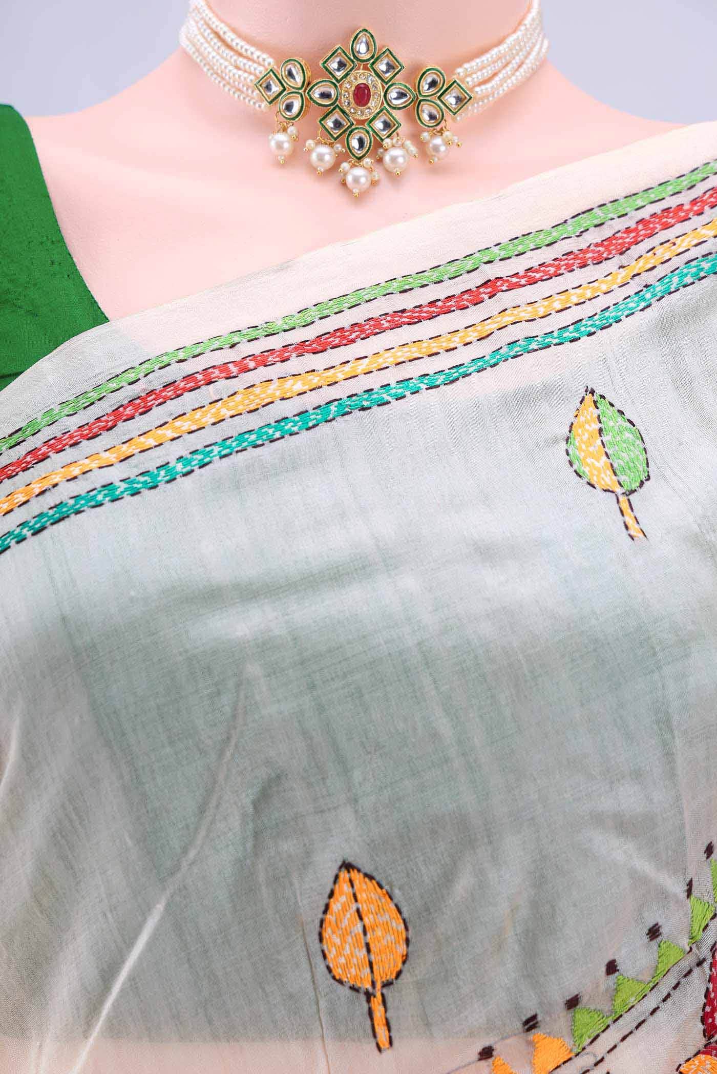 Cream Dual Tone Kantha Silk Saree