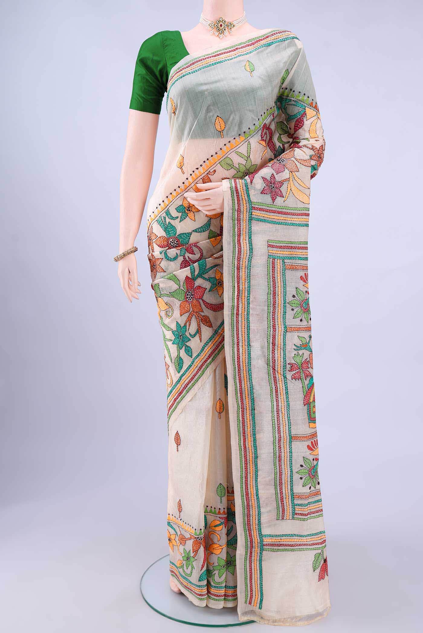 Cream Dual Tone Kantha Silk Saree