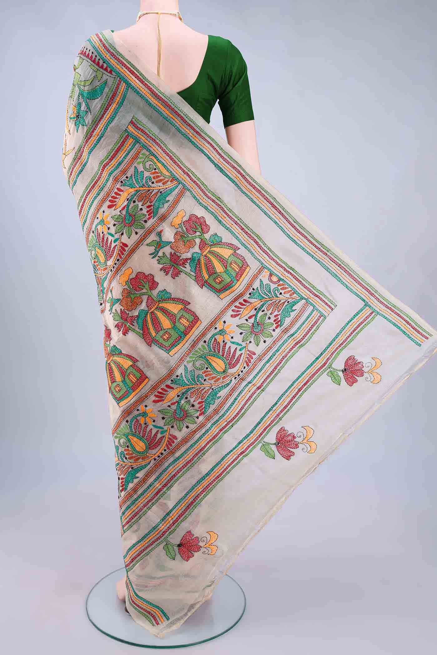 Cream Dual Tone Kantha Silk Saree