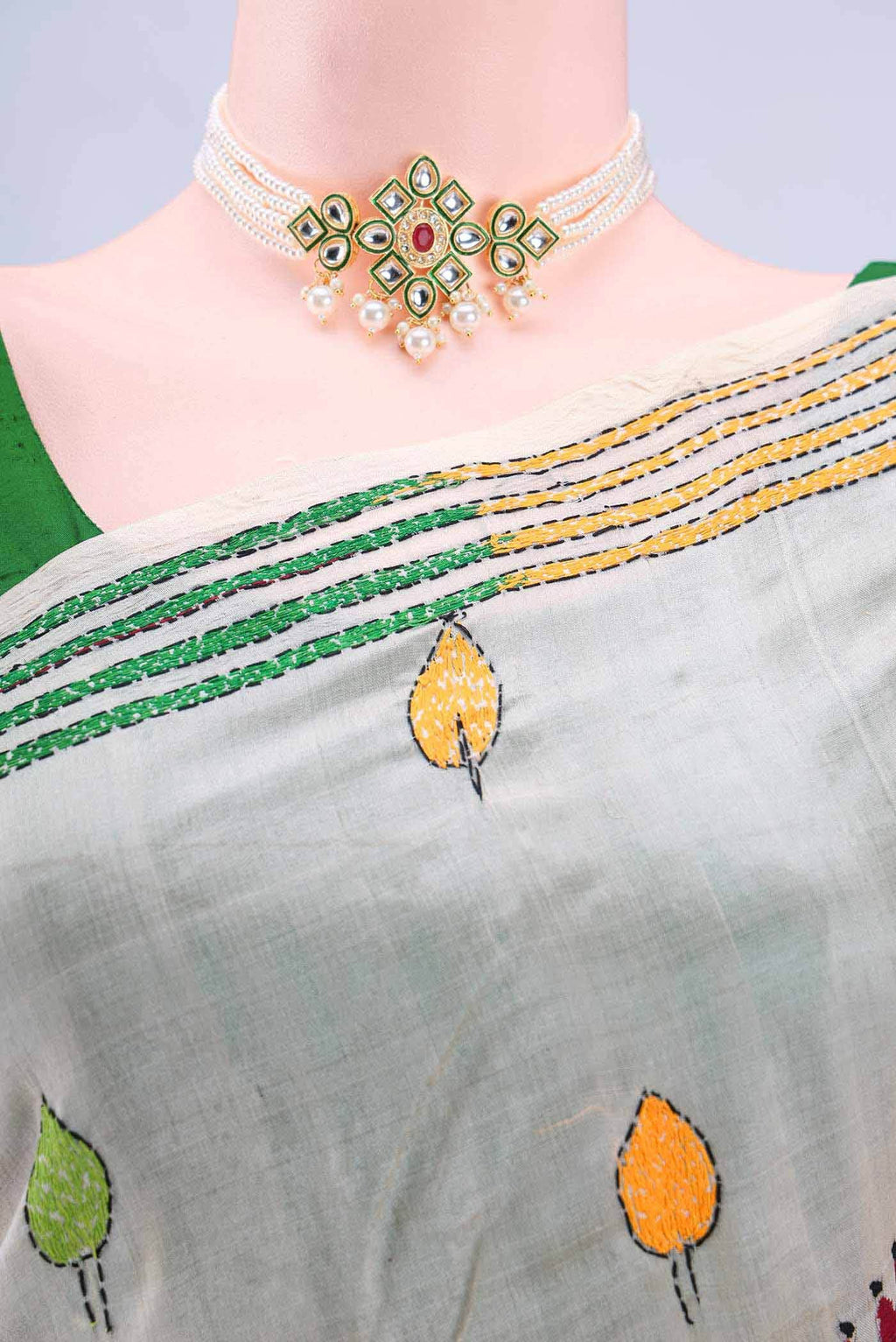 Off White Kantha Silk Saree