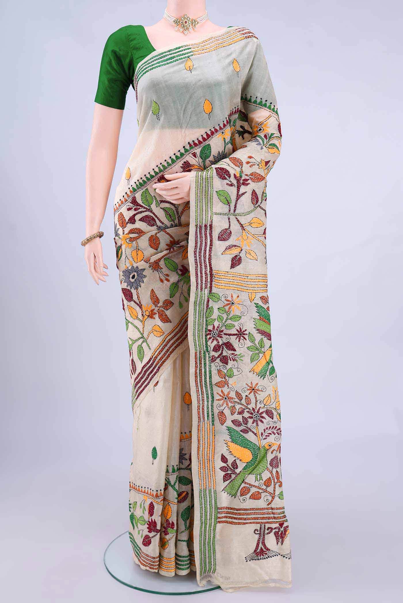 Off White Kantha Silk Saree