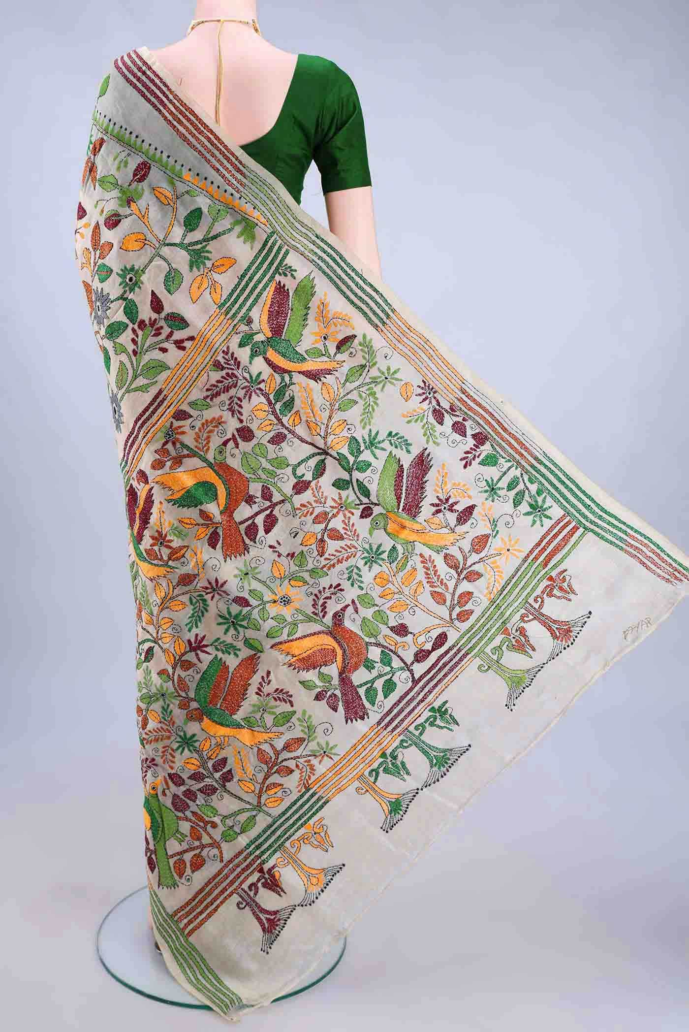 Off White Kantha Silk Saree