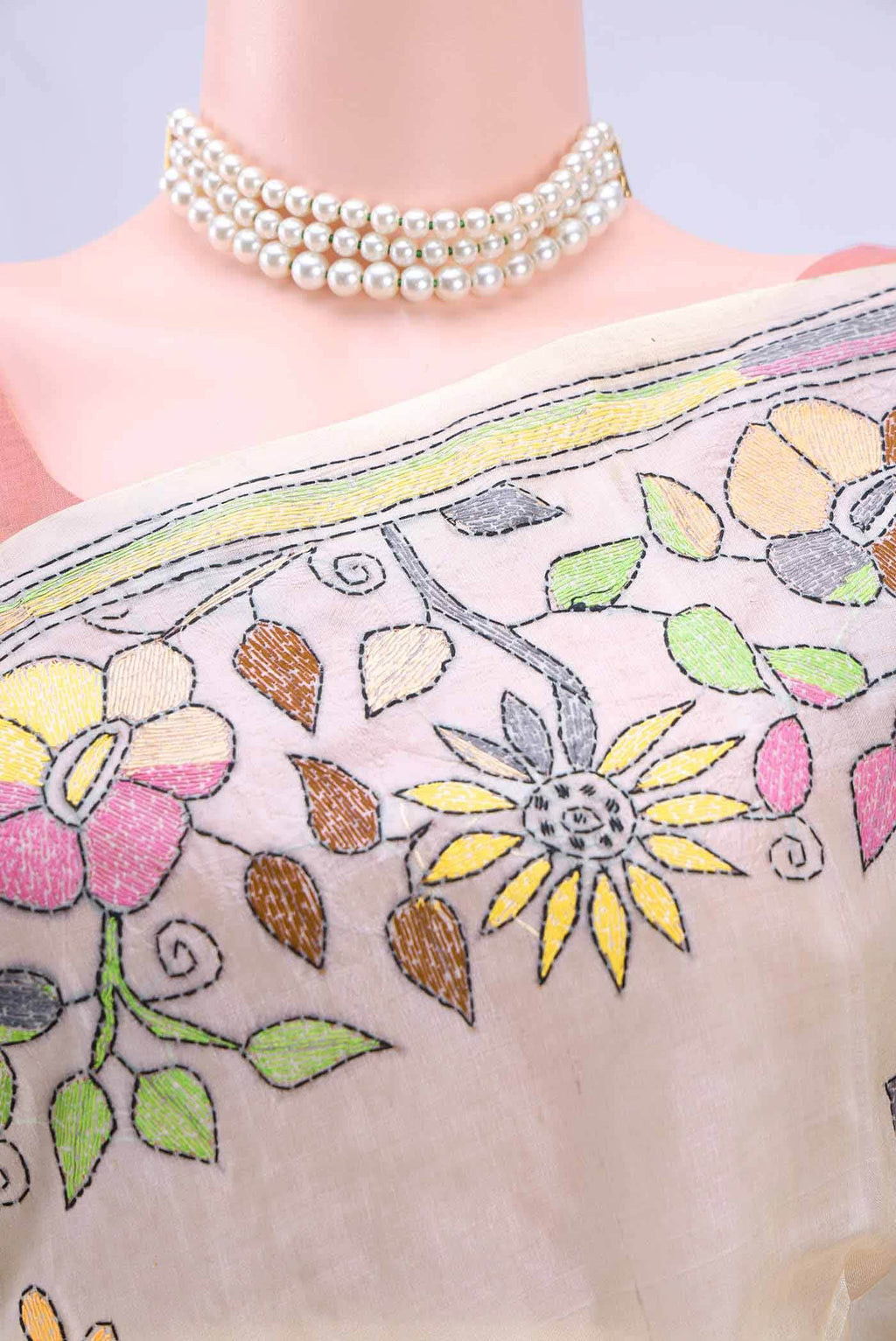 Off White Kantha Silk Saree