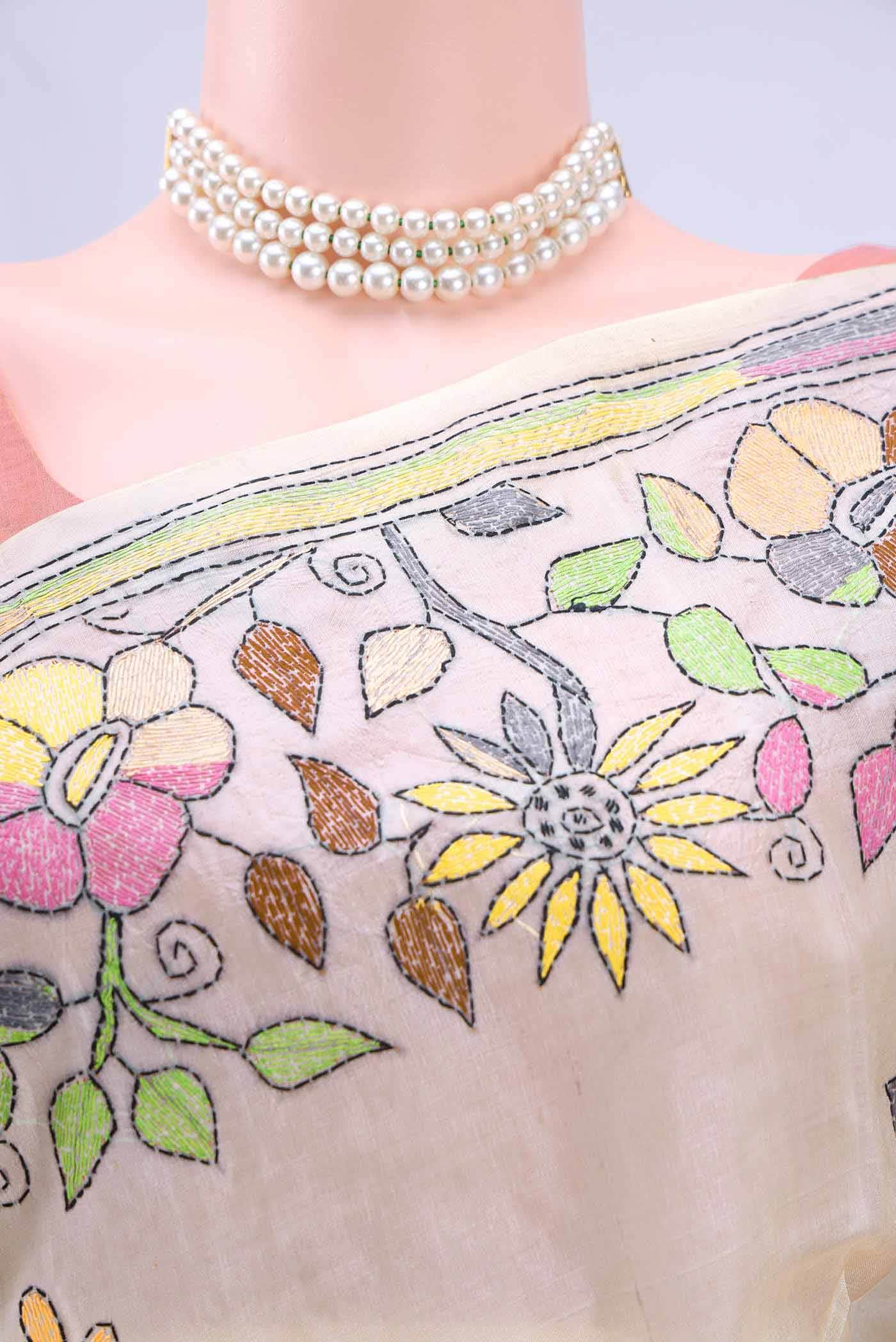 Off White Kantha Silk Saree