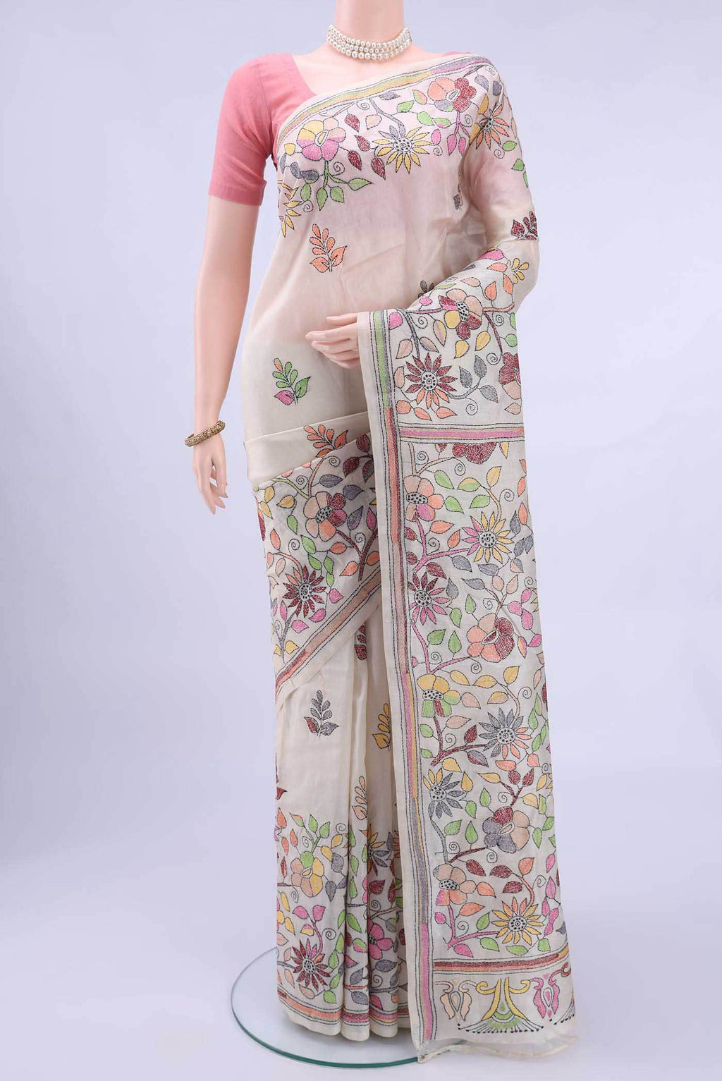 Off White Kantha Silk Saree