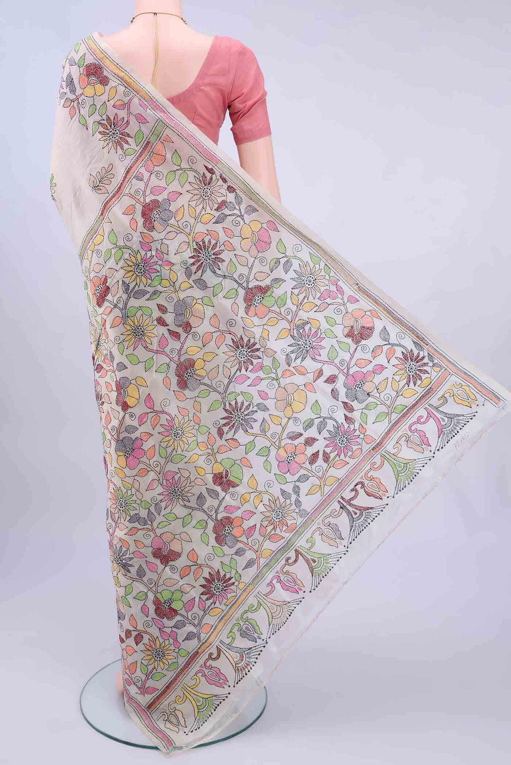 Off White Kantha Silk Saree