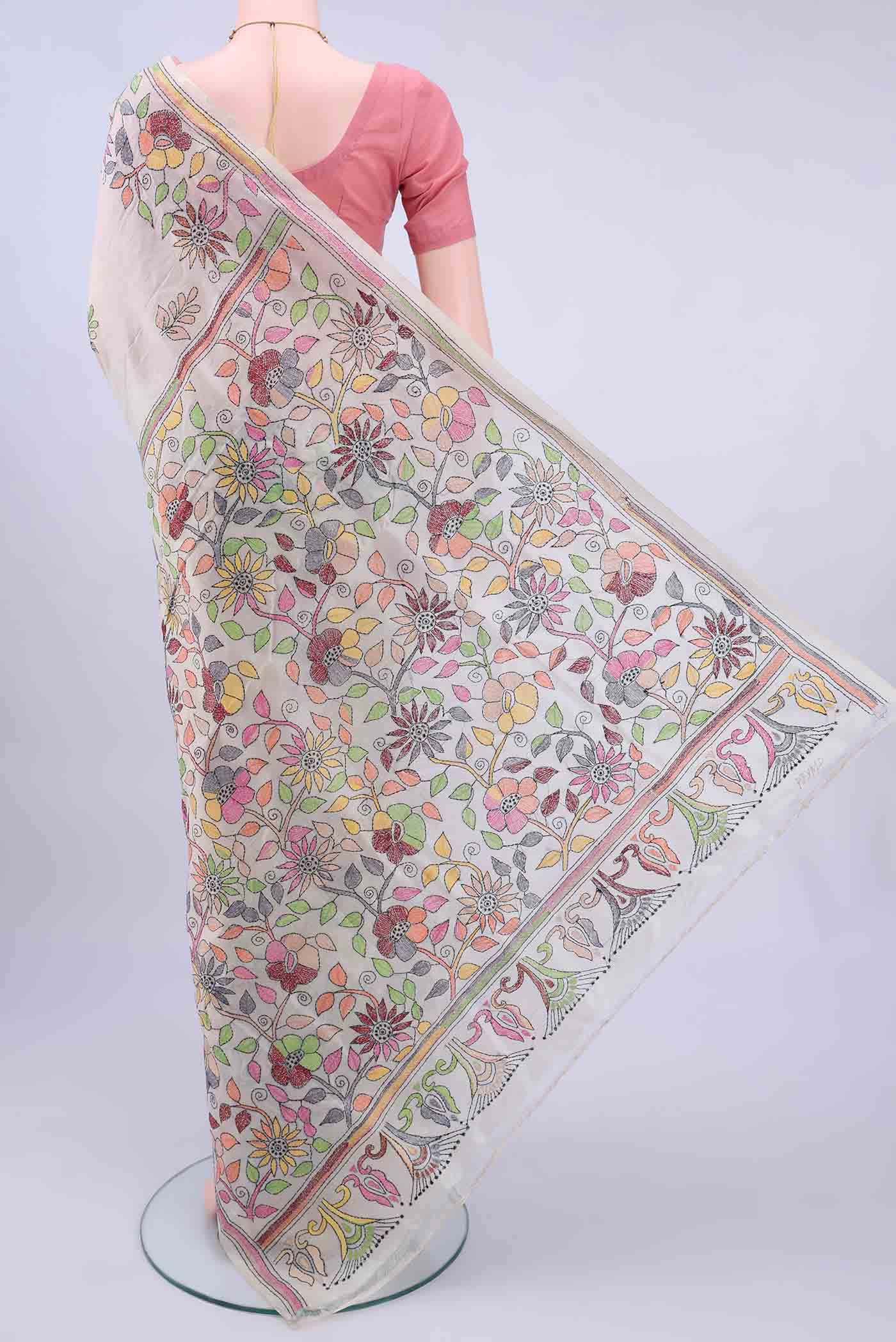 Off White Kantha Silk Saree