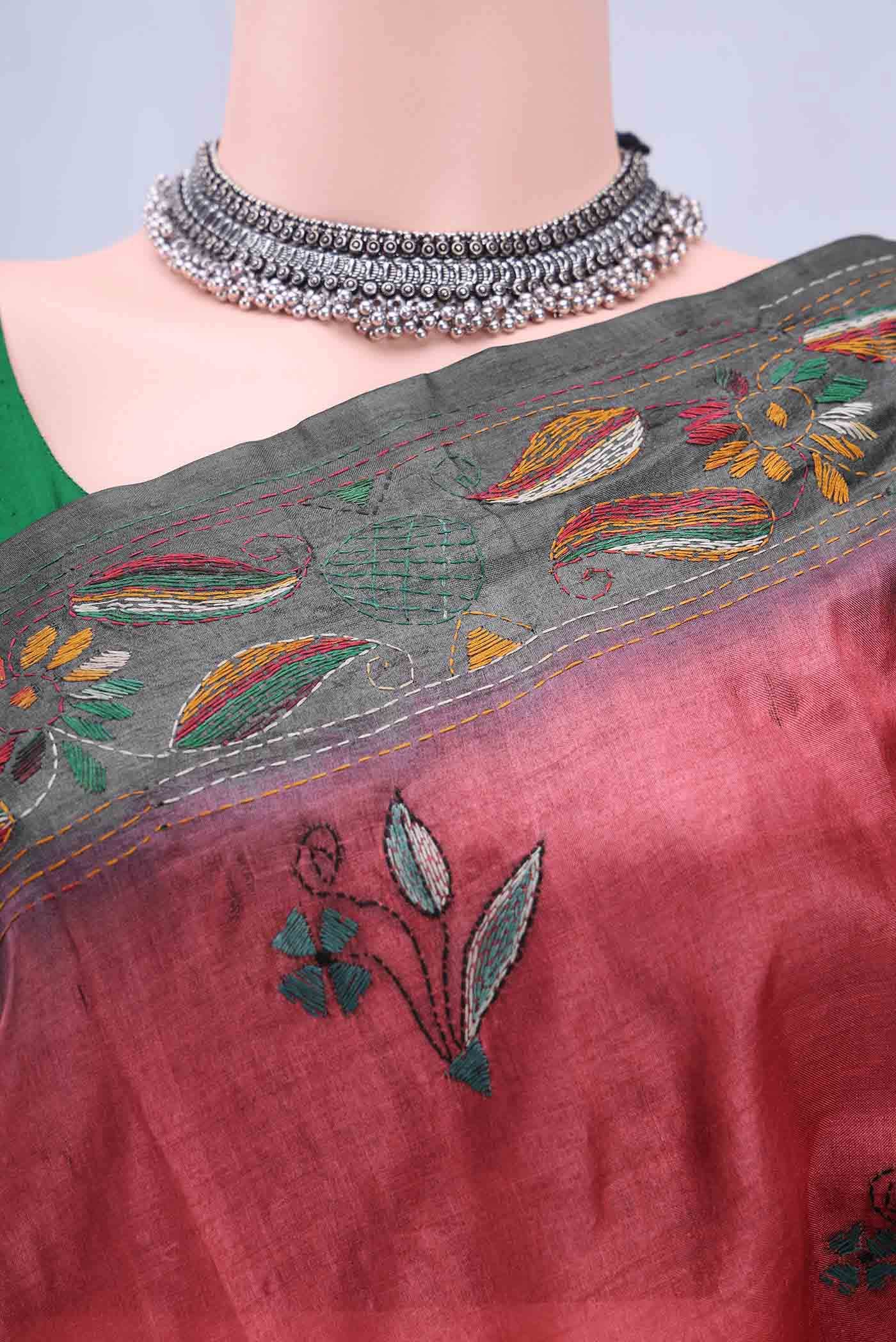 Davys Grey Kantha Silk Saree