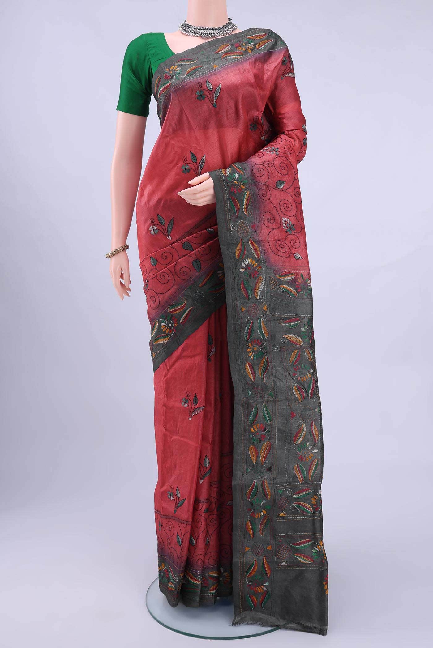 Davys Grey Kantha Silk Saree