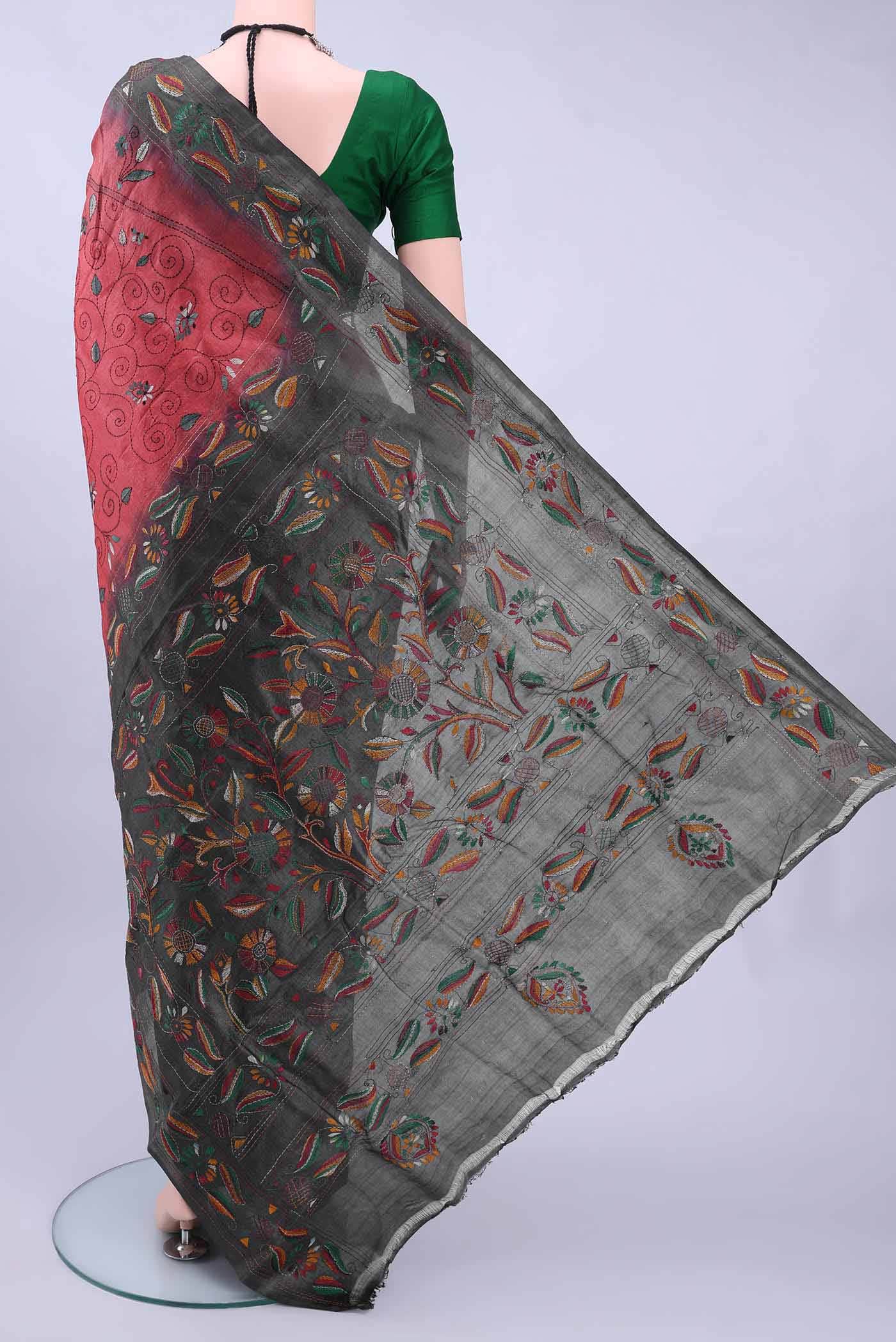 Davys Grey Kantha Silk Saree