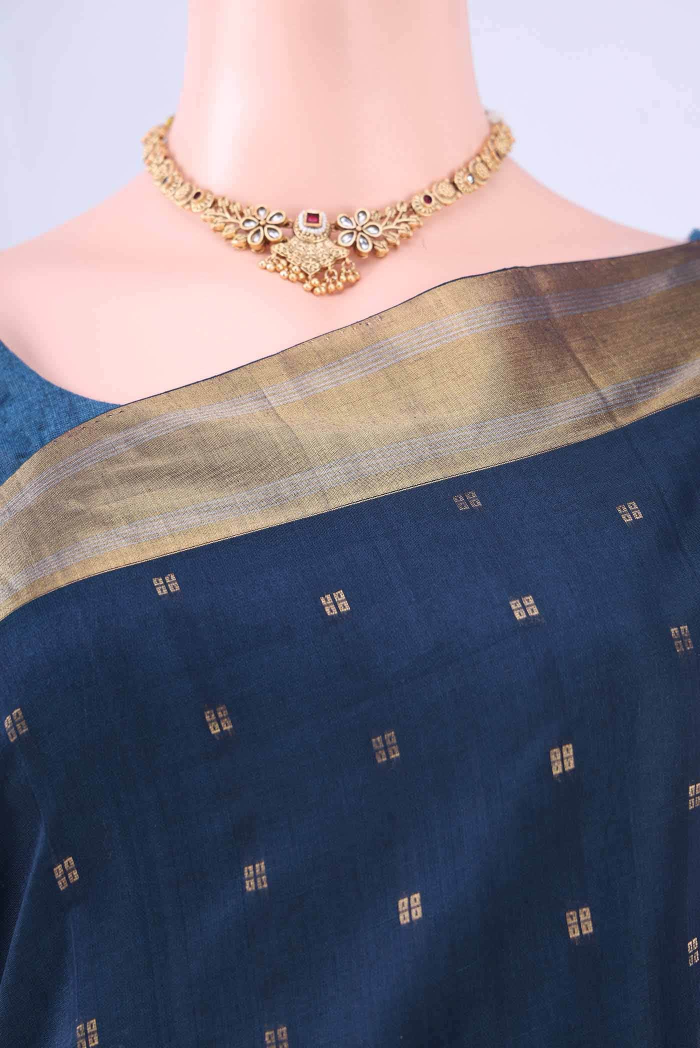 Navy Blue Kora Cotton Saree