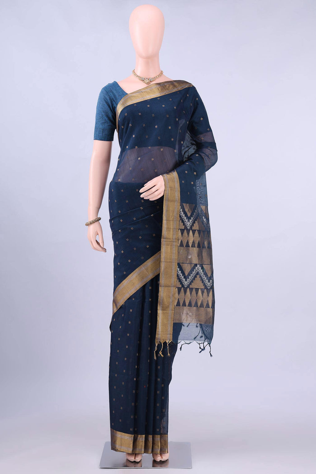 Navy Blue Kora Cotton Saree