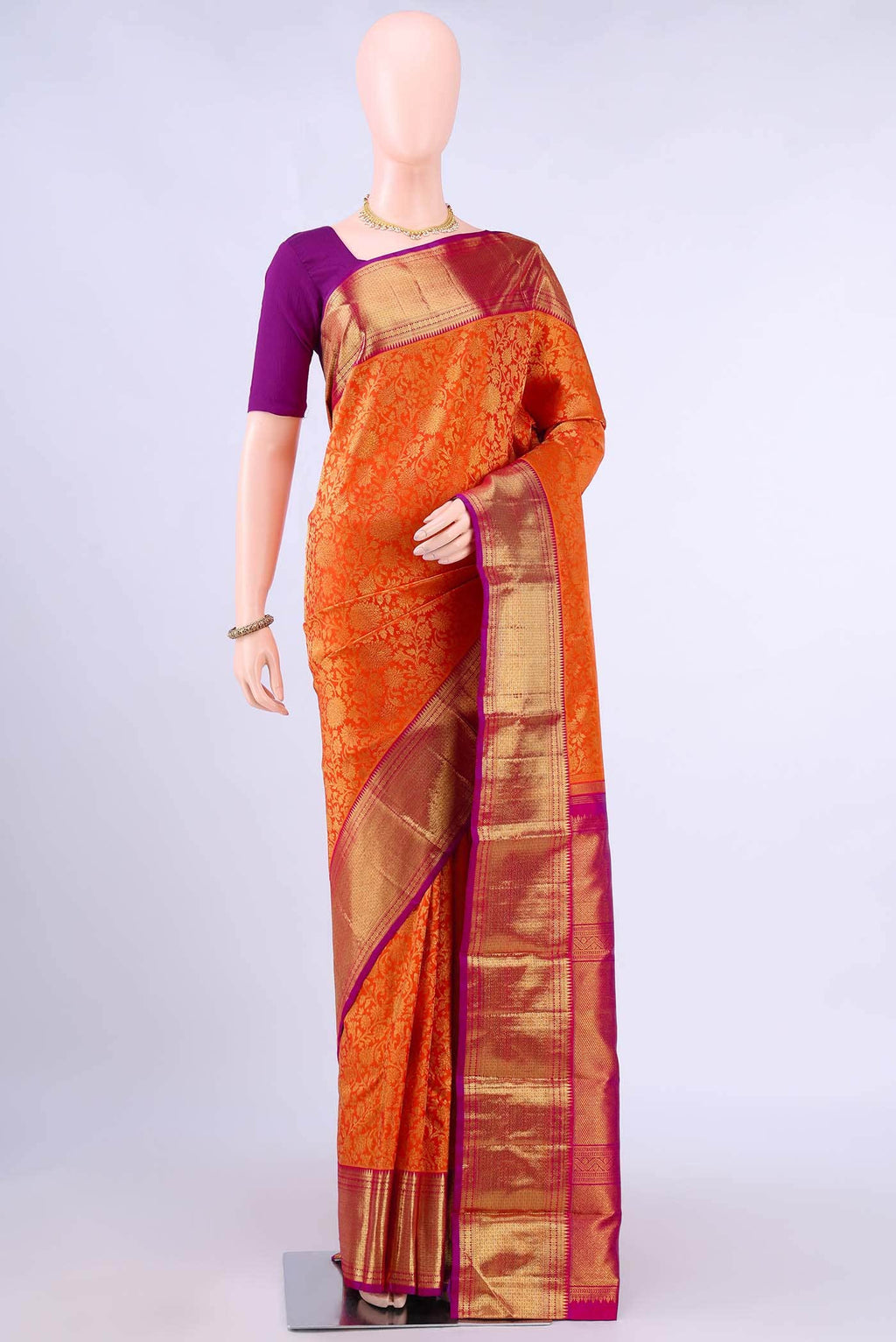 Pure Silk Pure Zari Orange Kanchipuram Saree