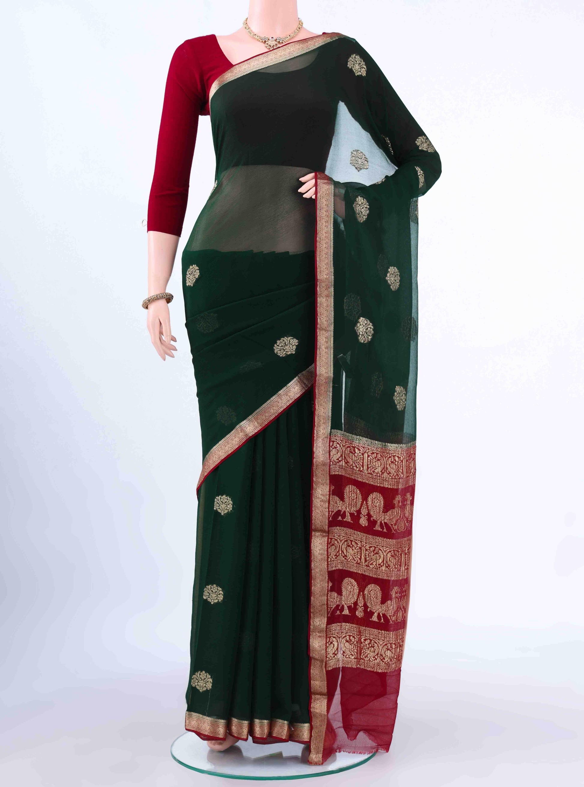 Bottle Green Dual Tone Mysore Chiffon Saree