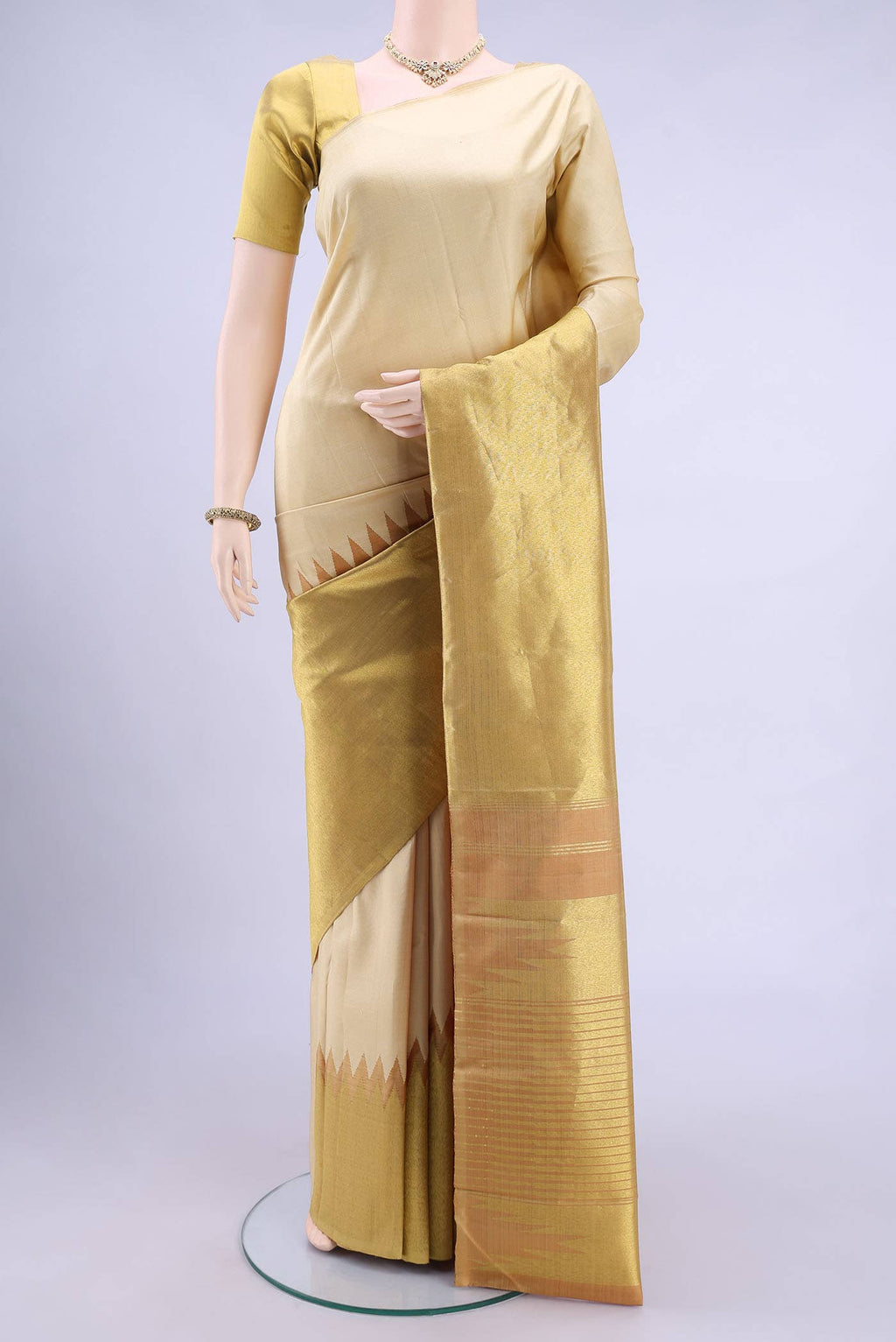 Pure Silk Pure Zari Beige Dual Tone Kanchipuram Saree