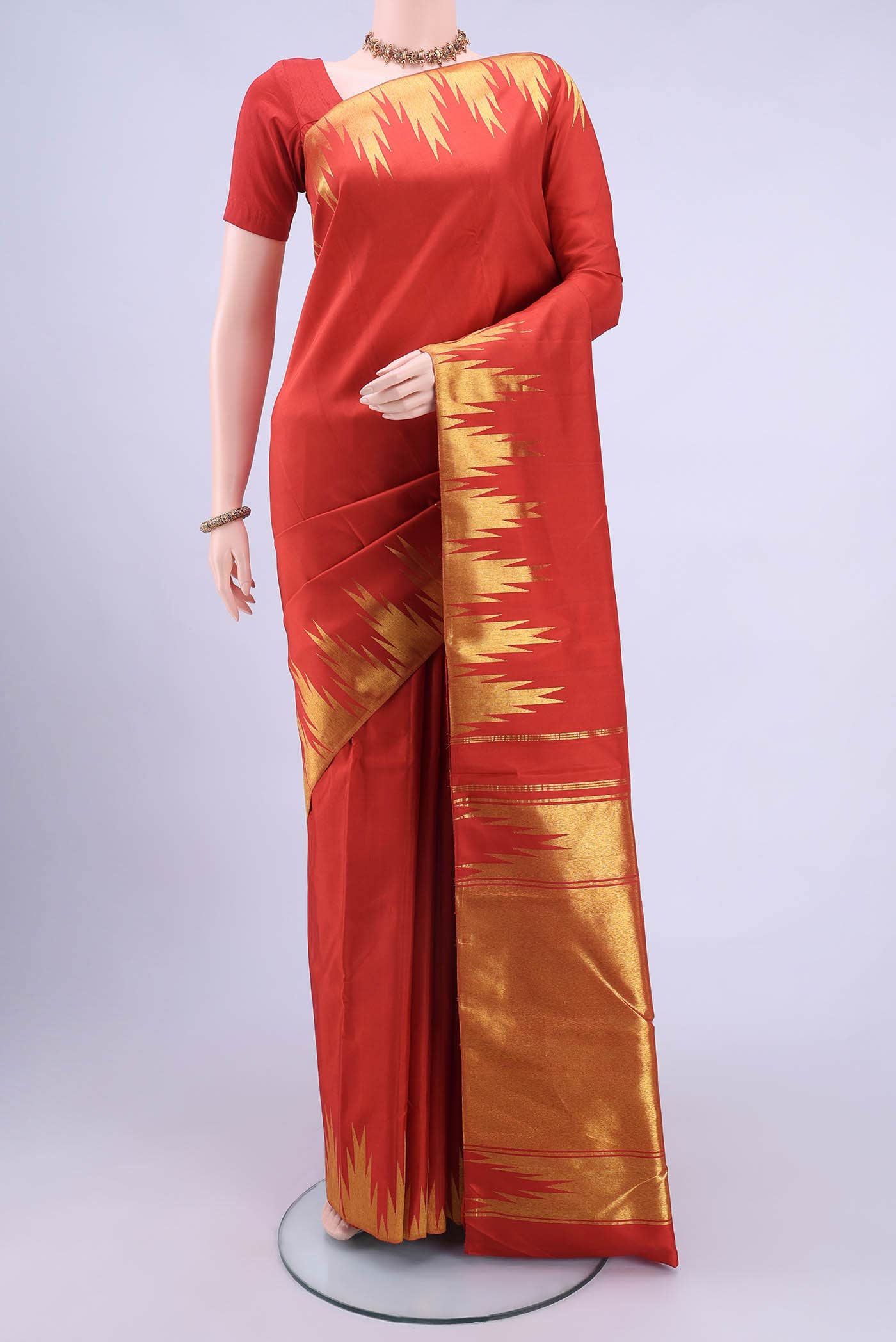 Pure Silk Pure Zari Brick Orange Dual Tone Kanchipuram Saree