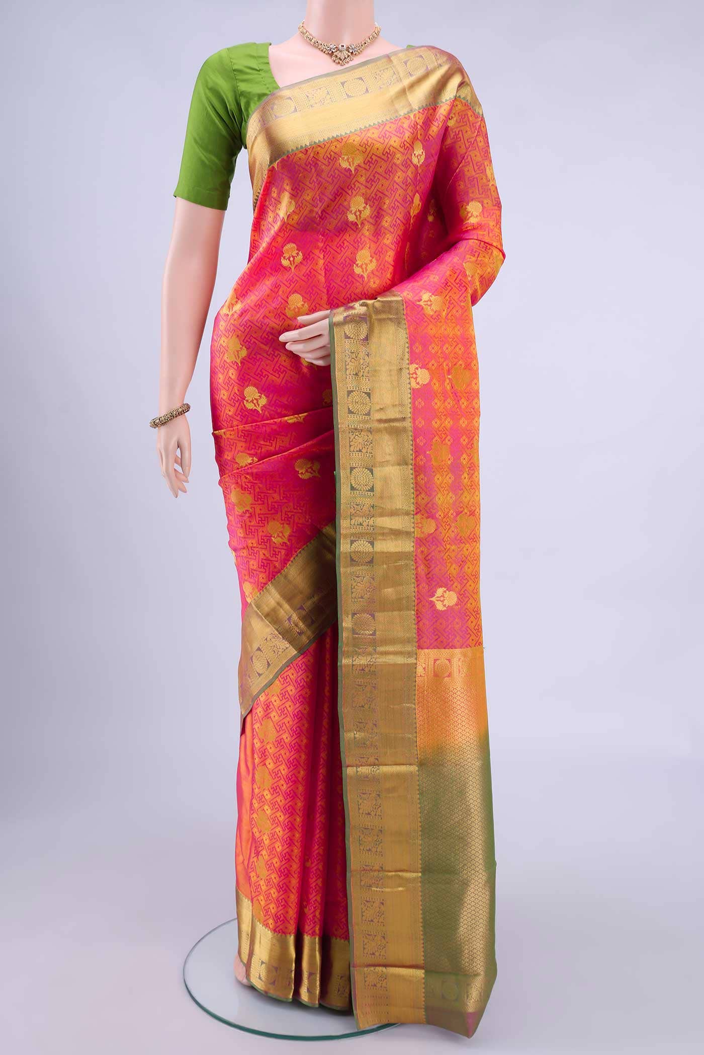 Pinkish Yellow Dual Tone Nangavalli Silk [ Salem ] Saree