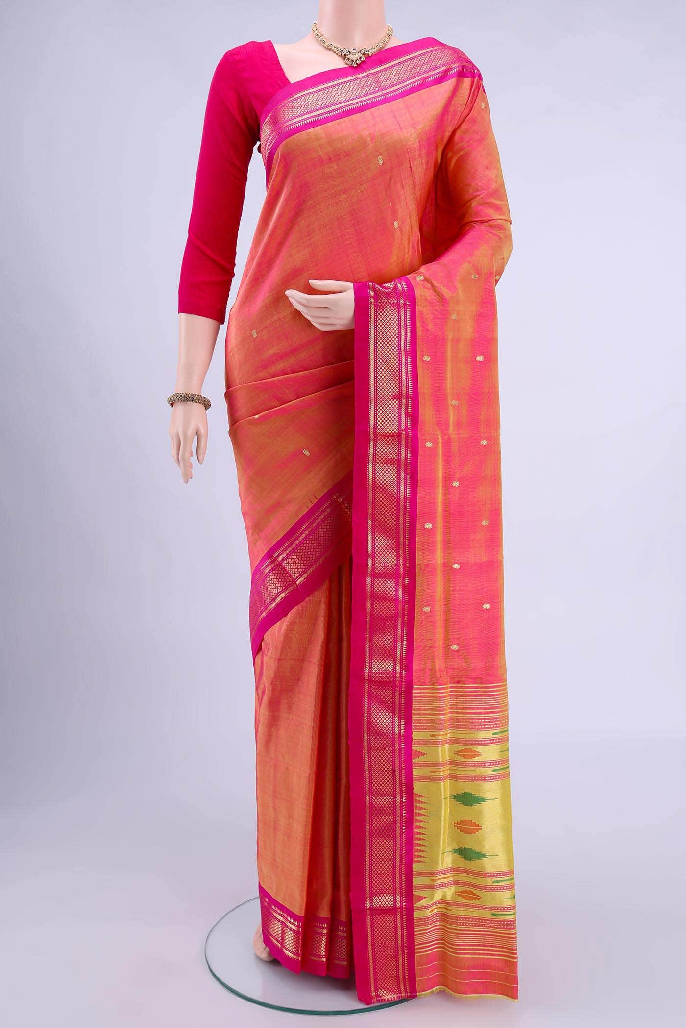 Pinkish Yellow Paithani Silk Saree