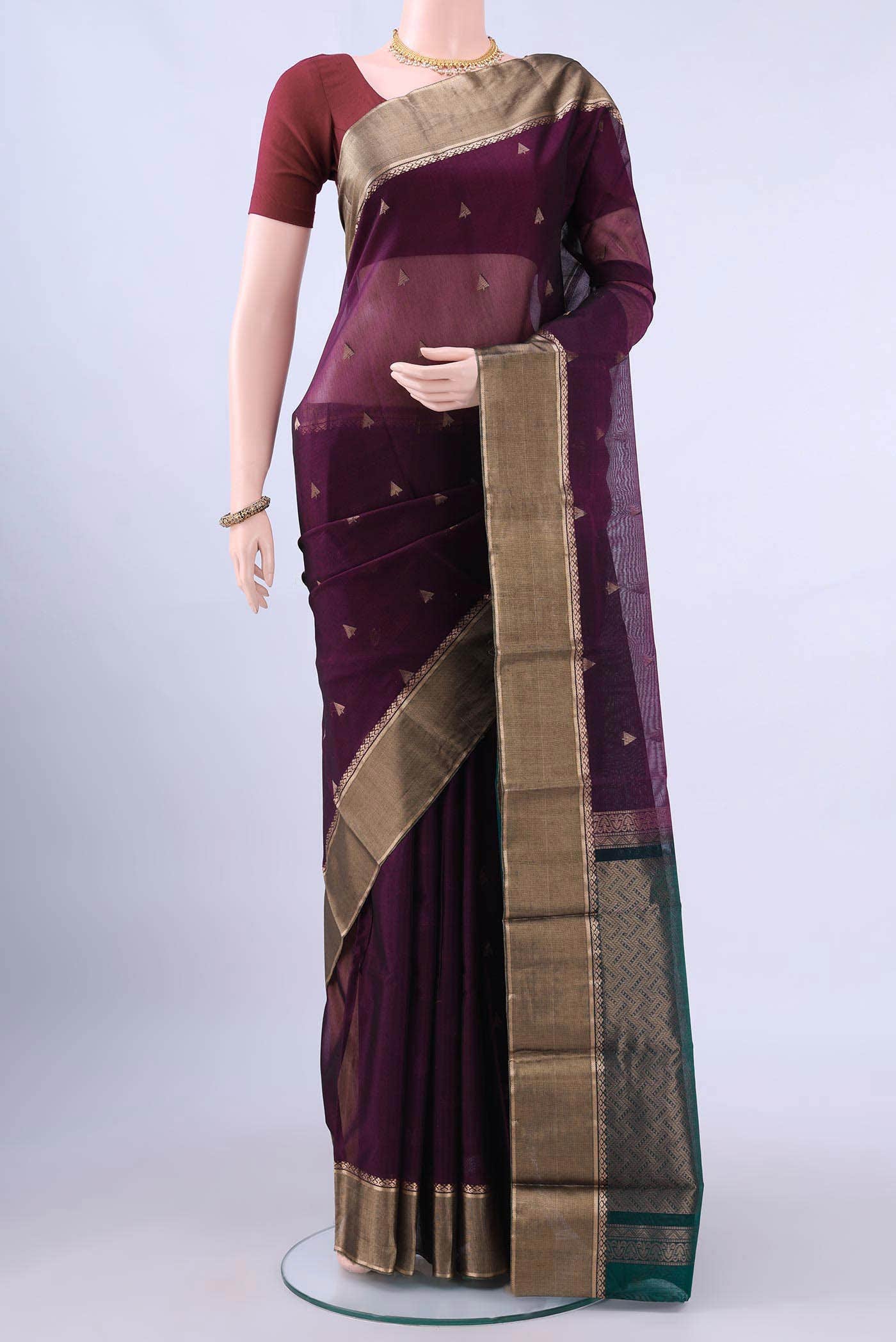 Burgundy Kora Cotton Saree
