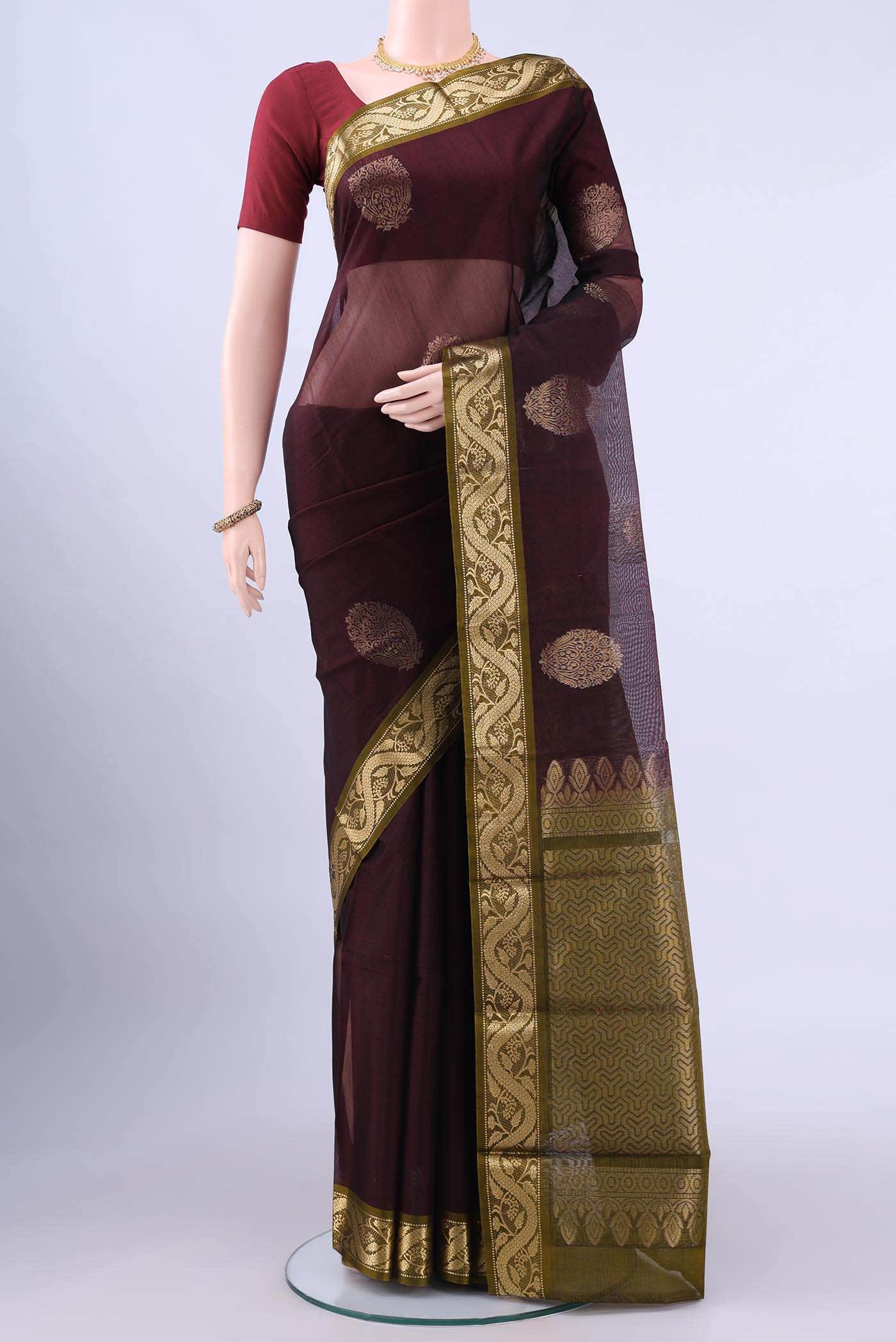 Coffee Brown Kora Cotton Saree