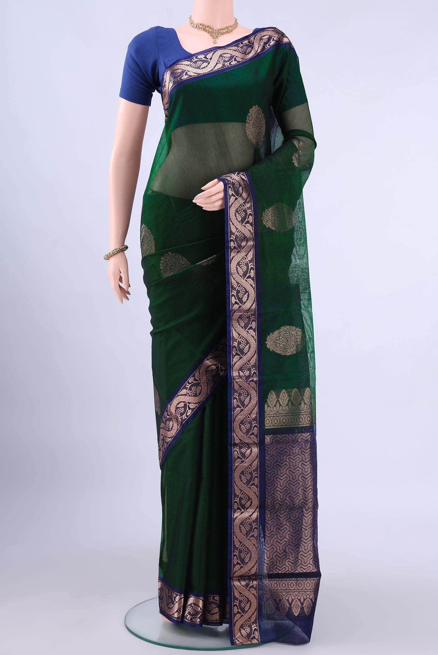 Bottle Green Kora Cotton Saree