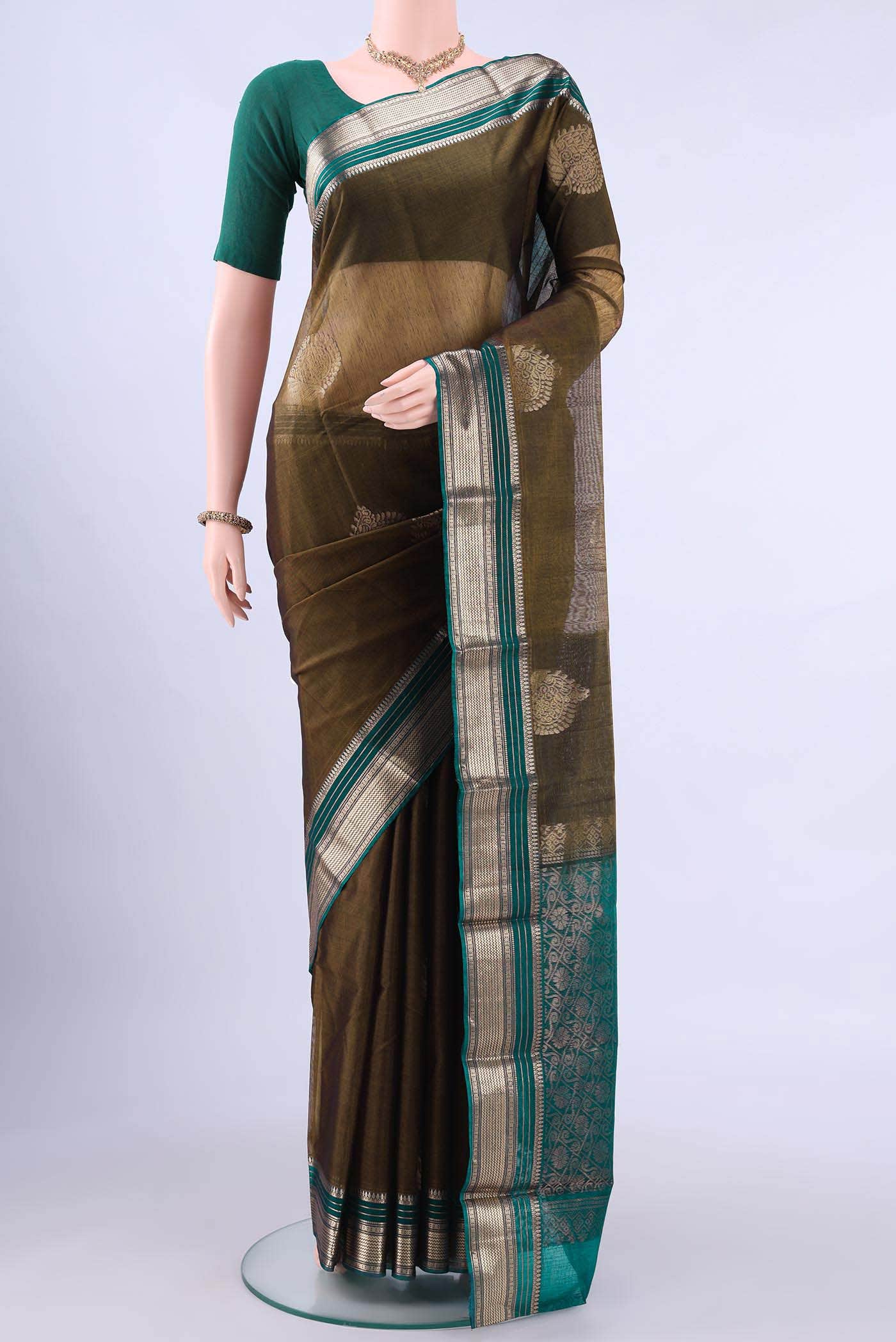 Mehandi Green Kora Cotton Saree