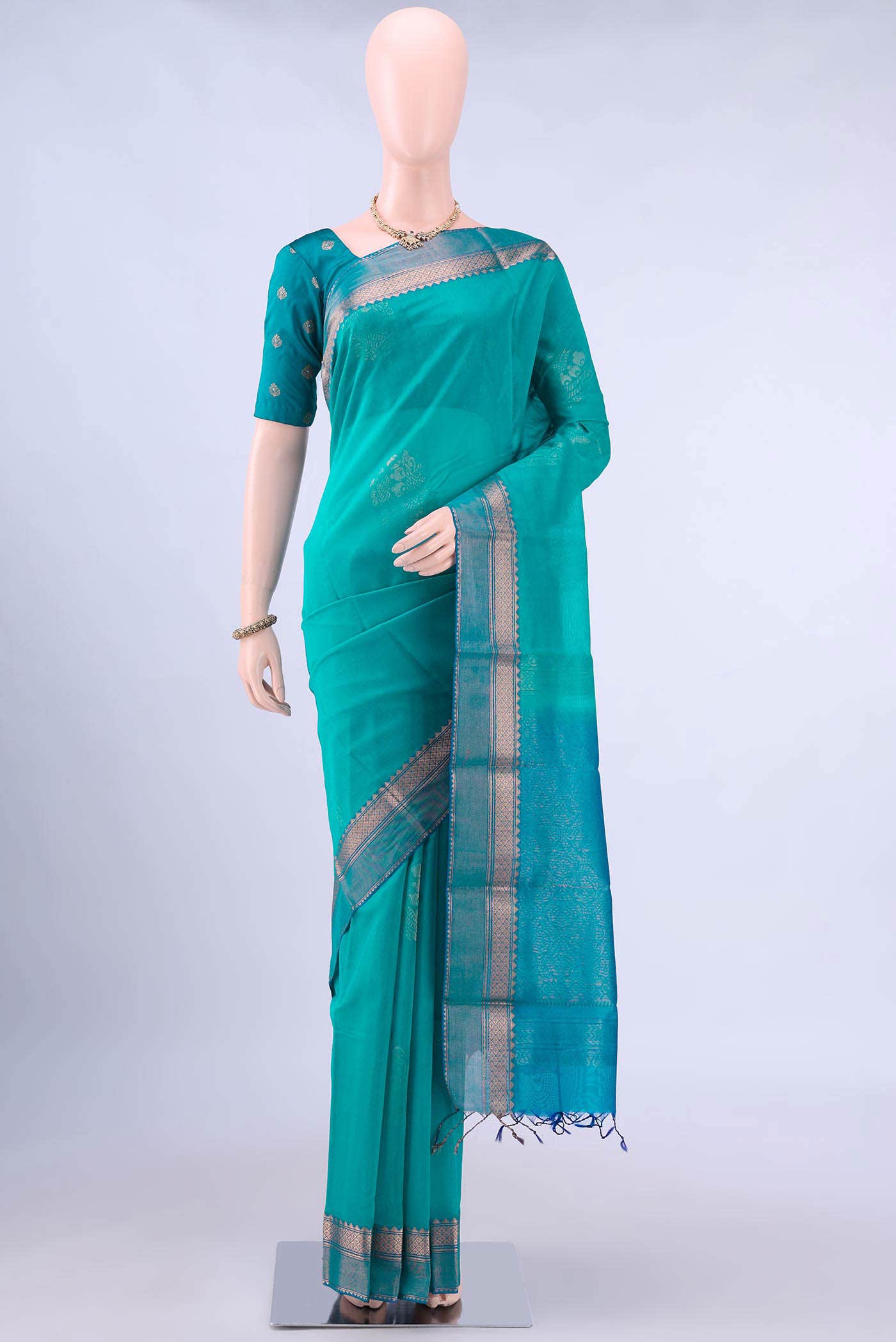 Turquoise Kora Cotton Saree