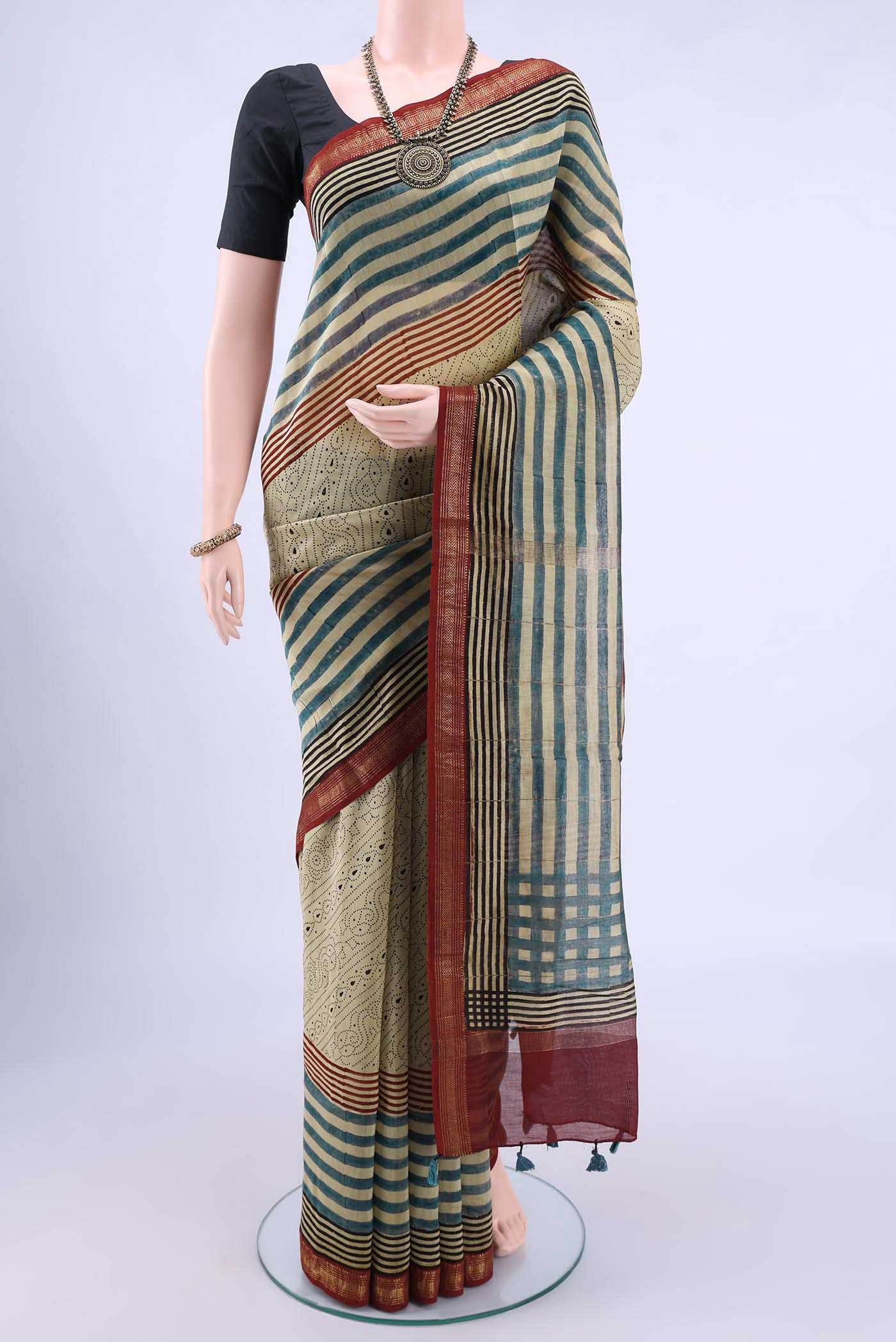 Beige Chanderi Silk Cotton Saree
