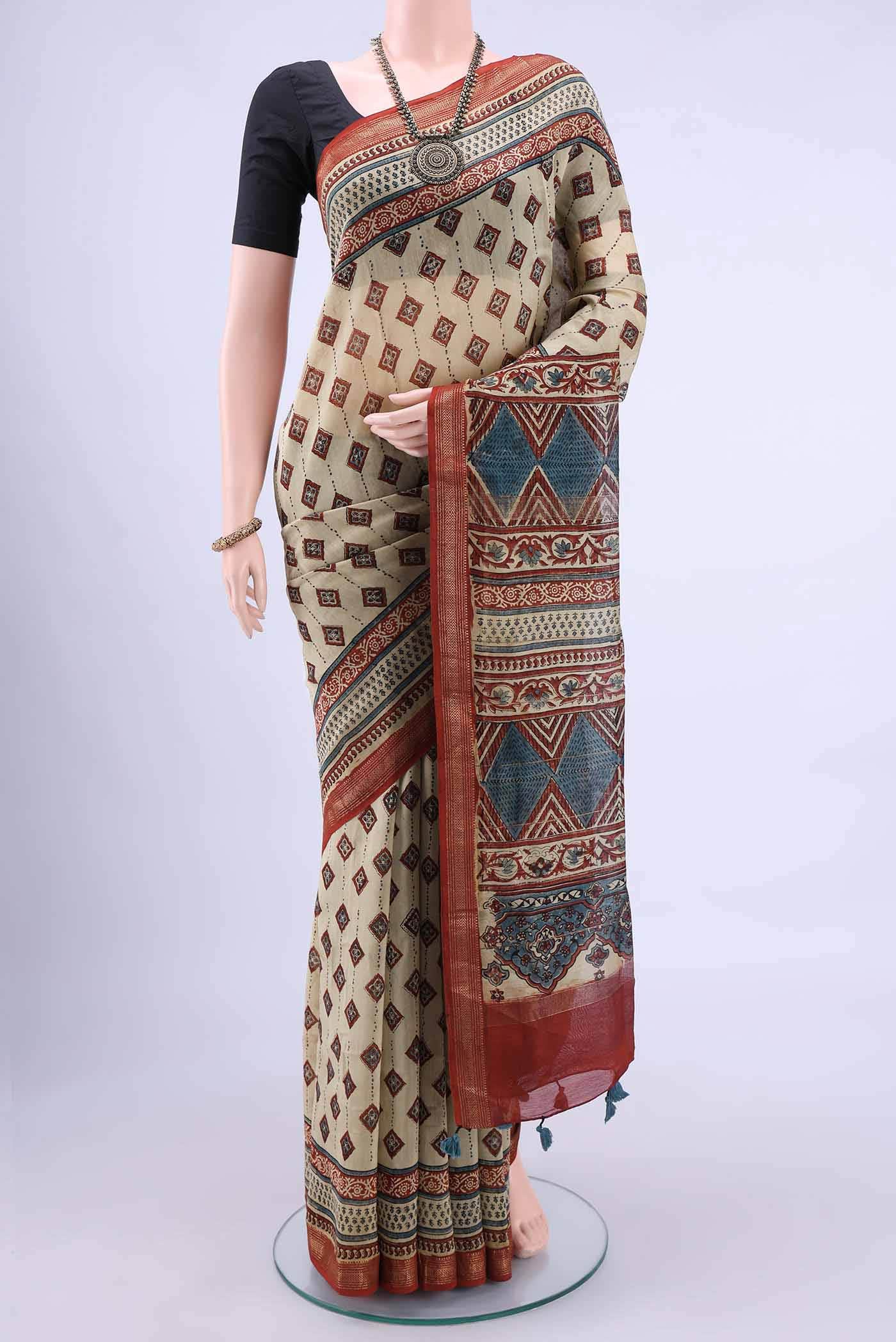 Beige Chanderi Silk Cotton Saree