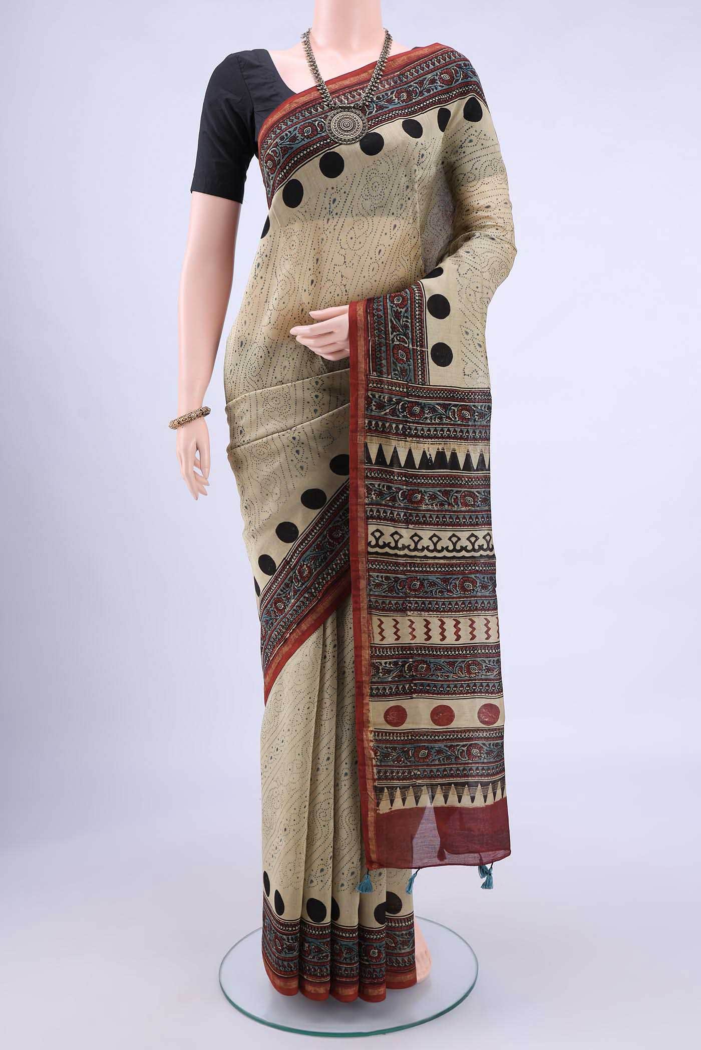 Beige Chanderi Silk Cotton Saree