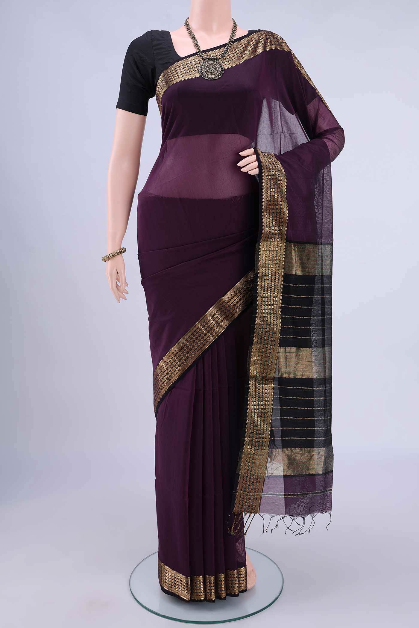 Burgundy Maheshwari Silk Cotton Saree
