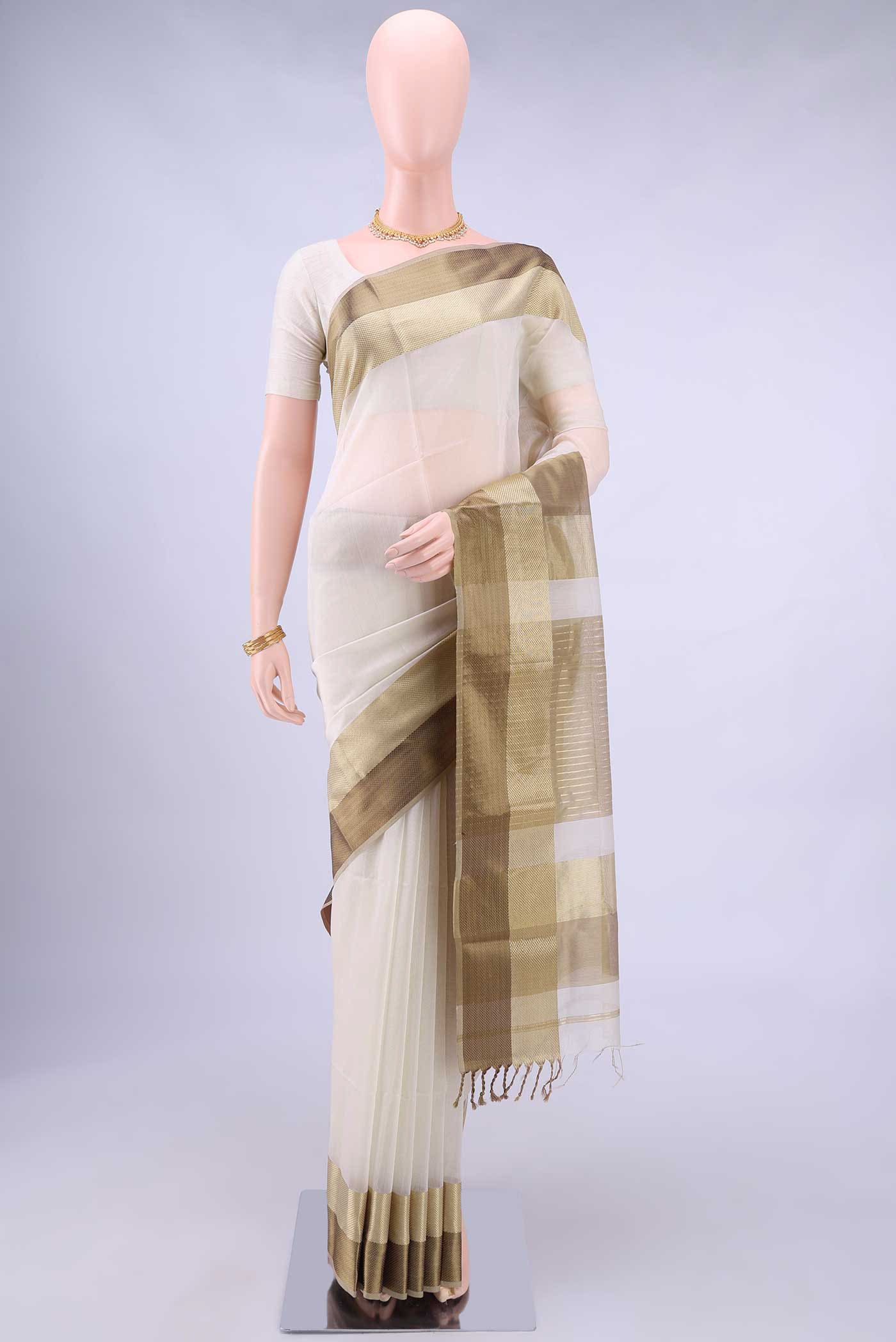Off White Blended Maheshwari Silk Cotton Saree