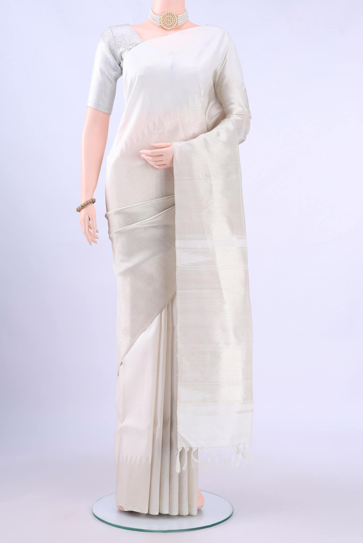 Off White Kanchipuram Silk Saree