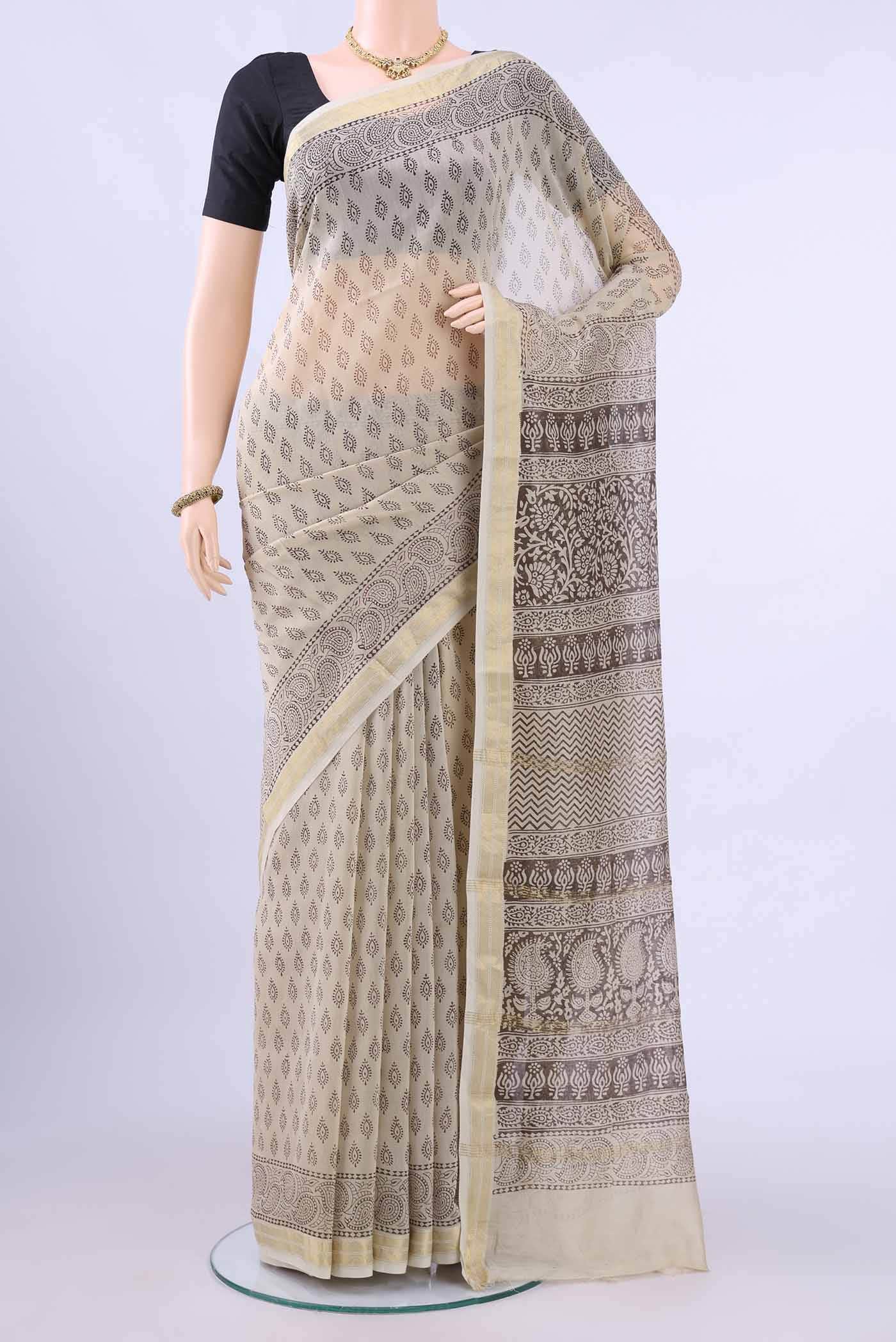 Beige Maheshwari Silk Cotton Saree